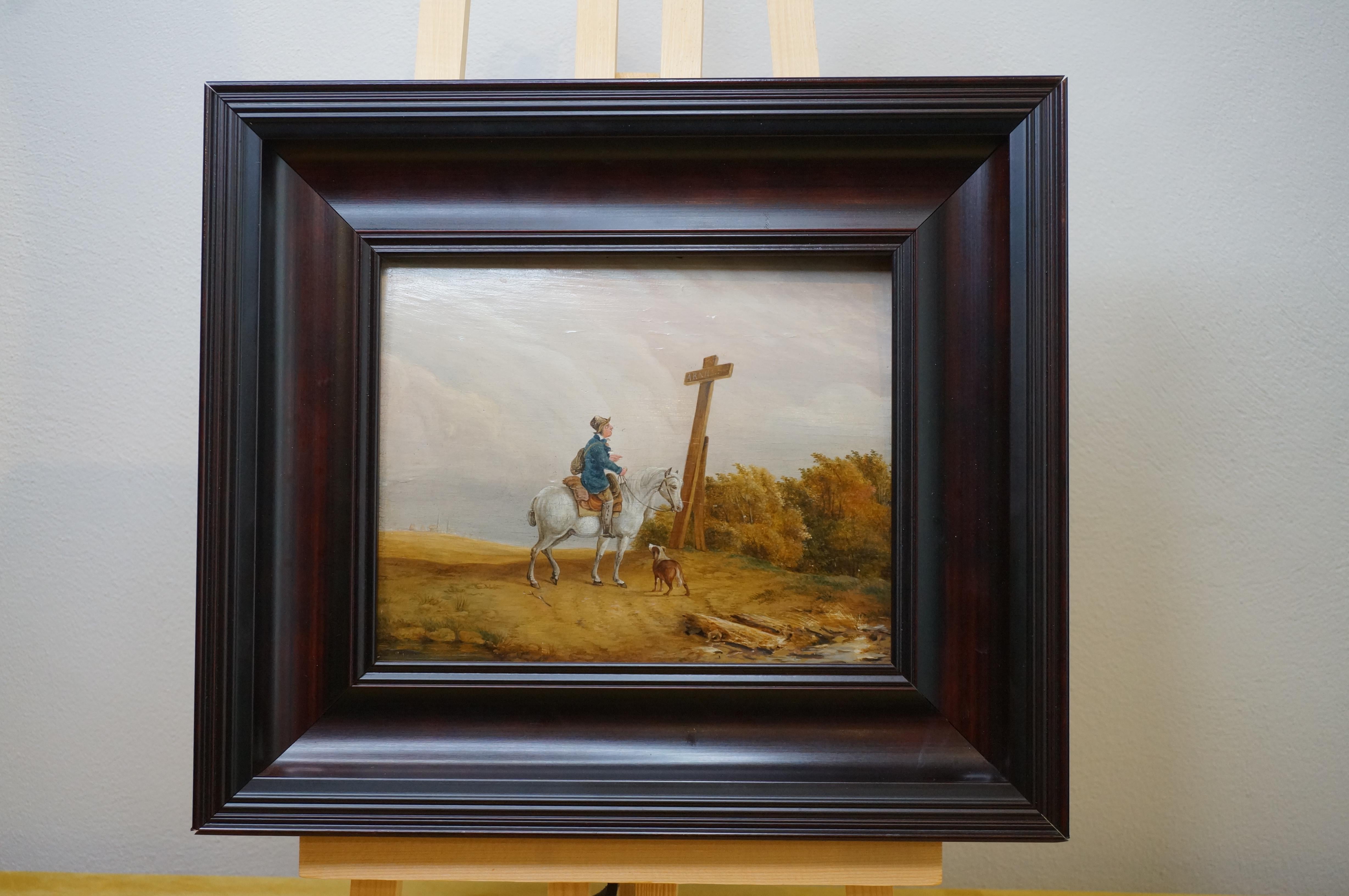 Antique Dutch oil painting on panel, traveler horseback with a dog, ca. 1835 - Painting by Unknown