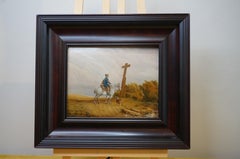 Antique Dutch oil painting on panel, traveler horseback with a dog, ca. 1835