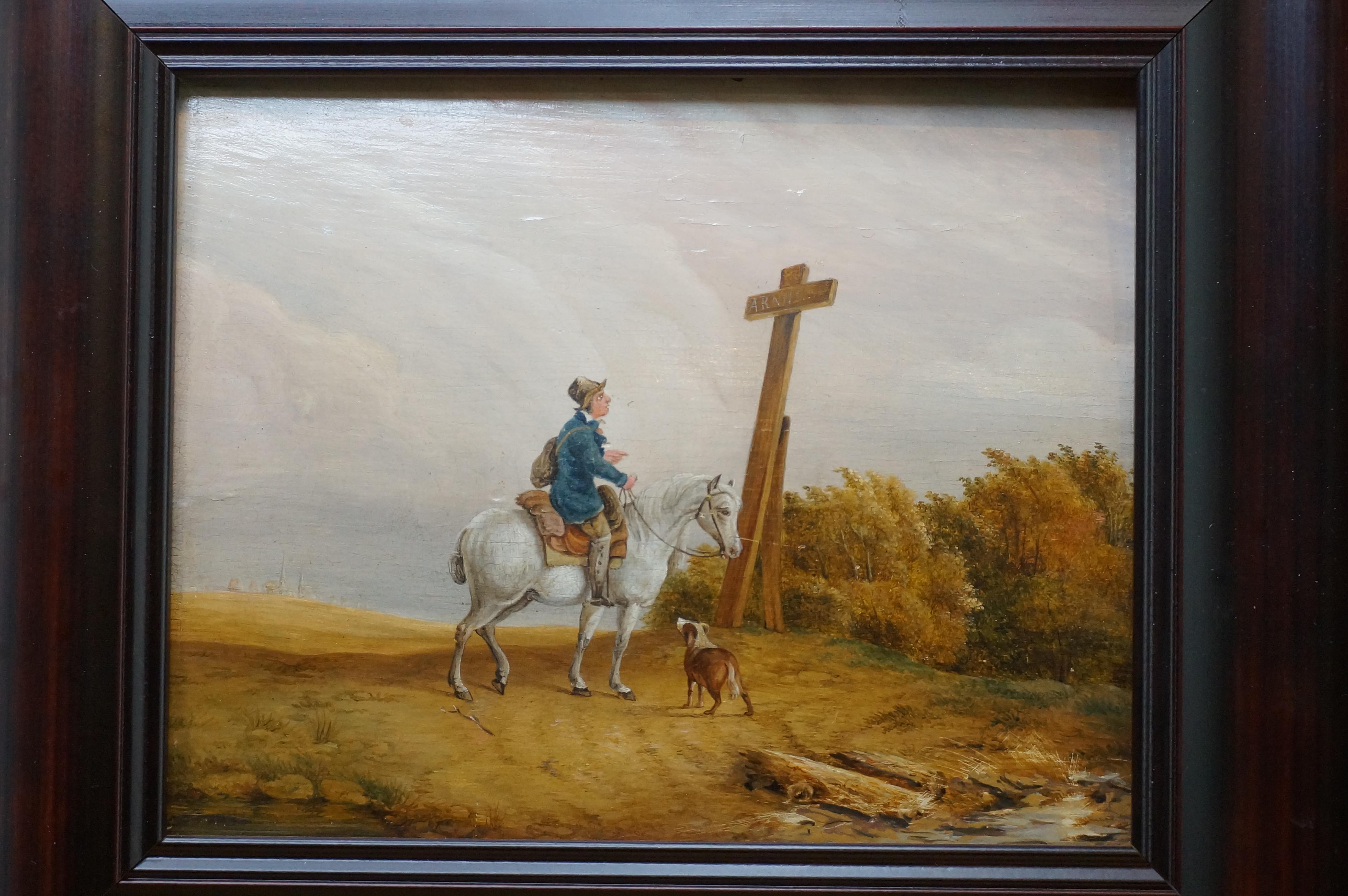 Painting with a traveler on a white horse and accompanied by a dog looking up at a road sign in the form of a cross. On the roadsign is ” Arnhem”. (a town at the Rhine river in the Eastern part of the Netherlands). The rather sandy landscape gives