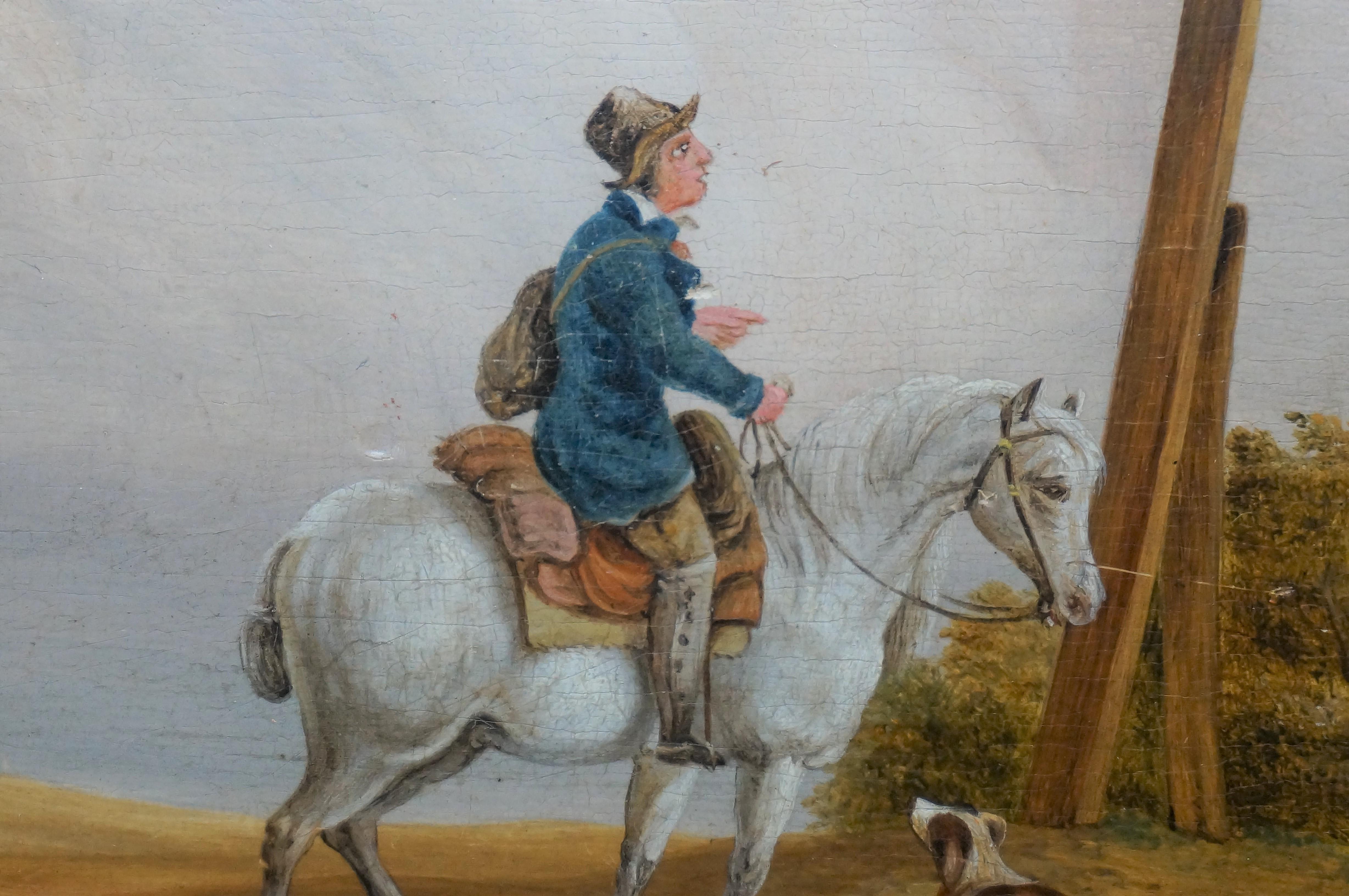Peinture représentant un voyageur monté sur un cheval blanc et accompagné d'un chien regardant un panneau routier en forme de croix. Le panneau de signalisation indique 