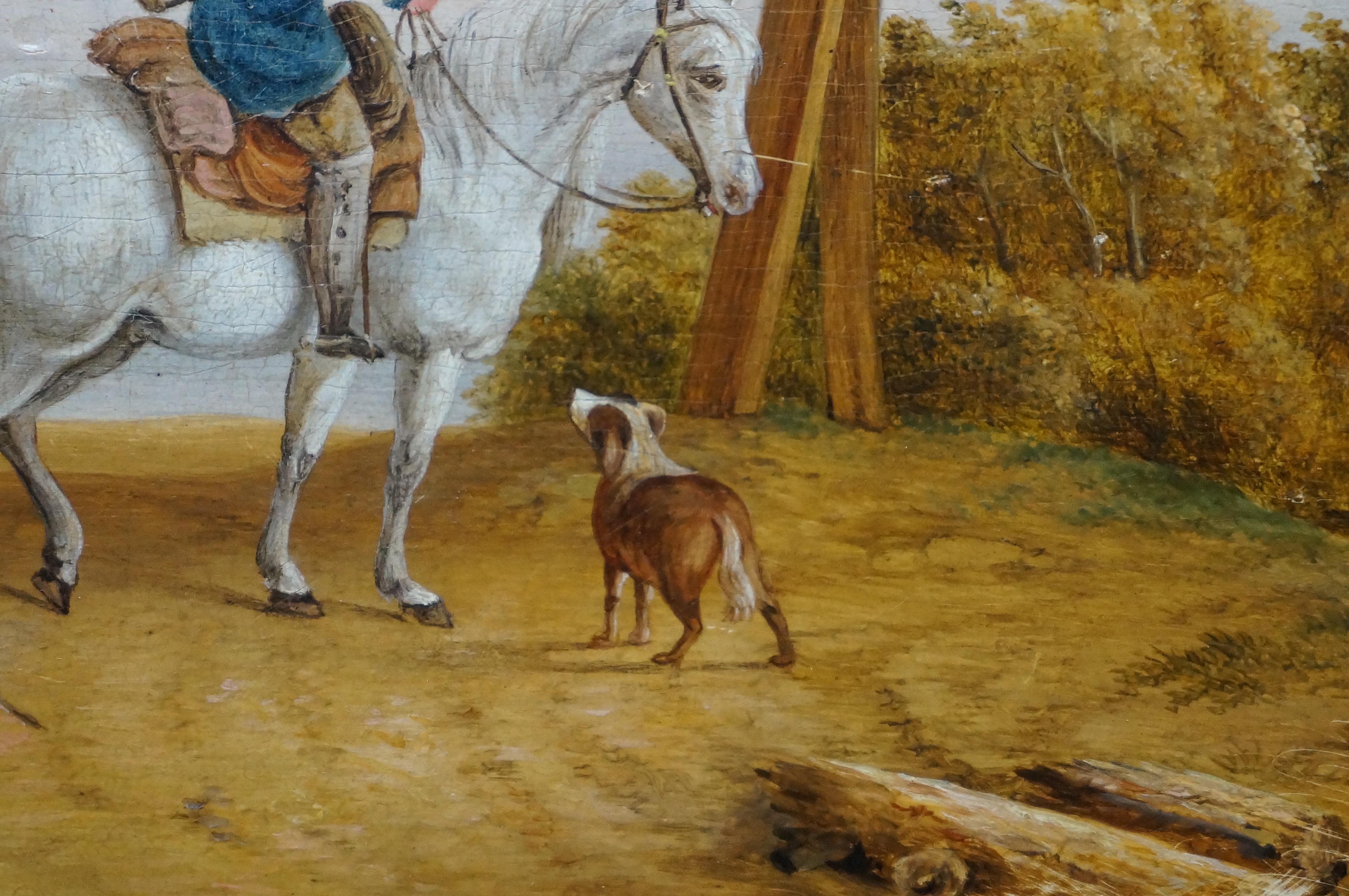 Peinture à l'huile hollandaise ancienne sur panneau, voyageur à cheval avec un chien, vers 1835 en vente 1