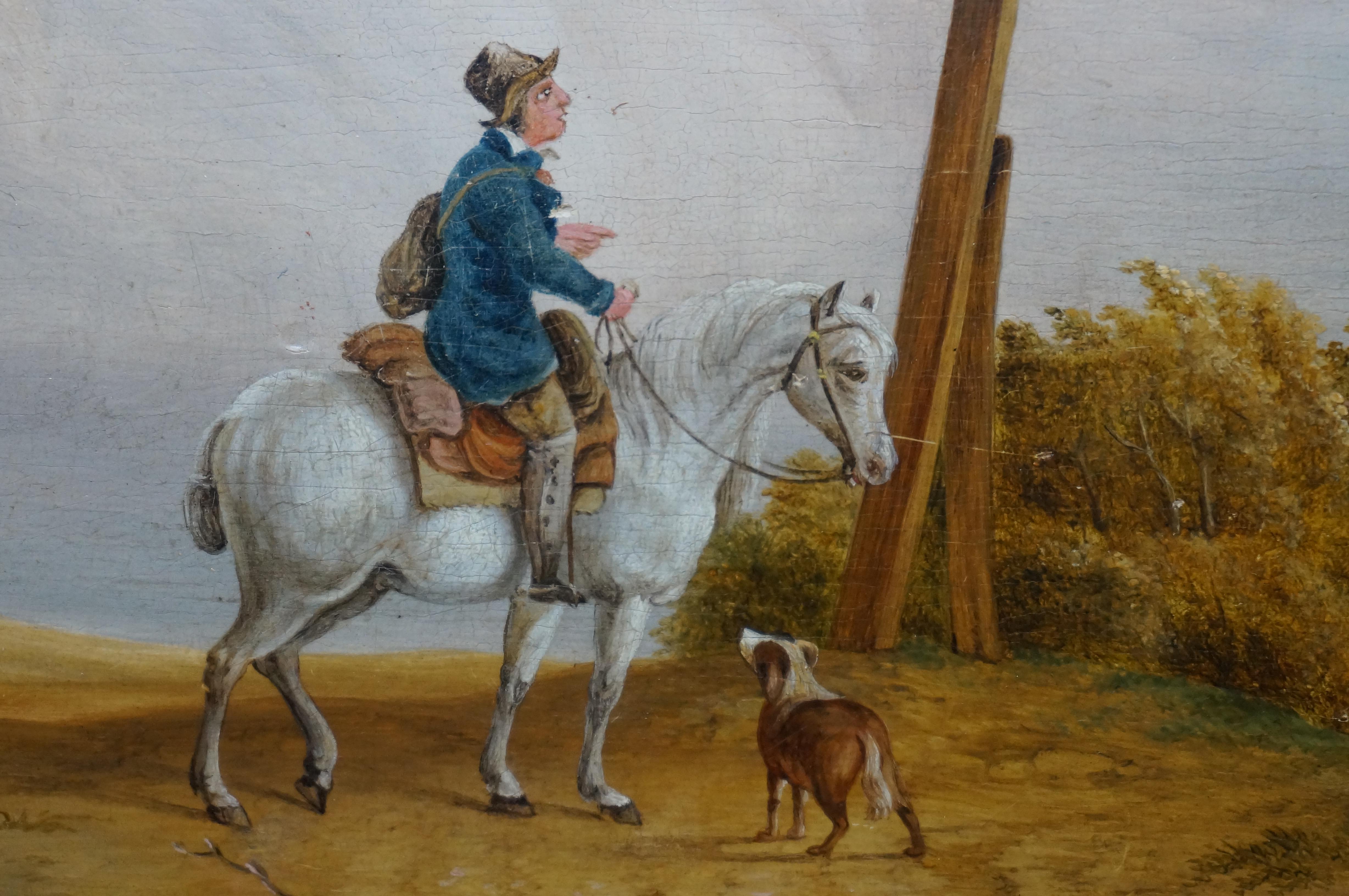Antique Dutch oil painting on panel, traveler horseback with a dog, ca. 1835 For Sale 4