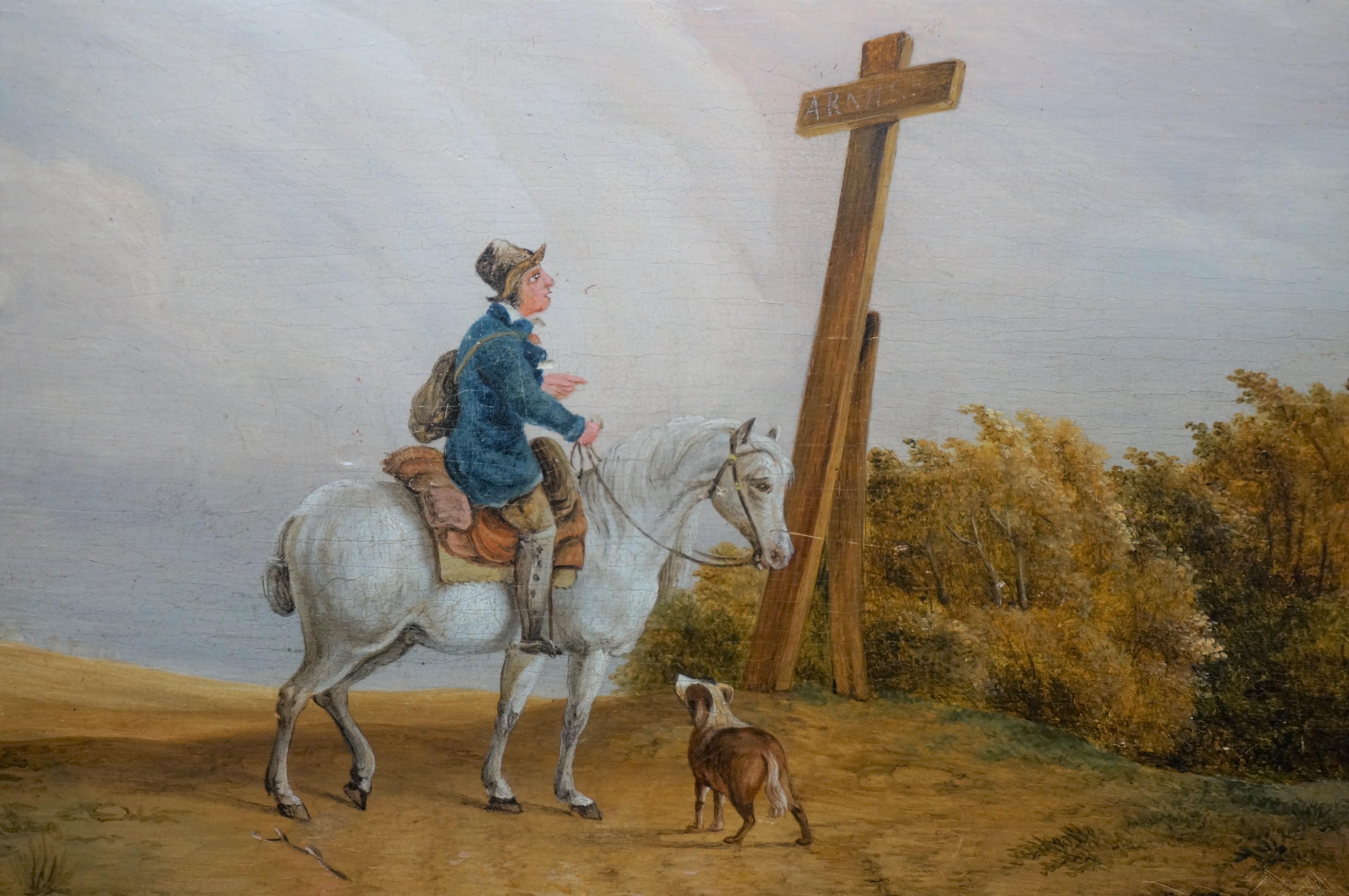 Antico dipinto olandese a olio su tavola, viaggiatore a cavallo con cane, 1835 ca.