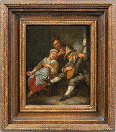 Antiker niederländischer Maler – Figurenmalerei des 18. Jahrhunderts – Interieur Tavern mandolin 
