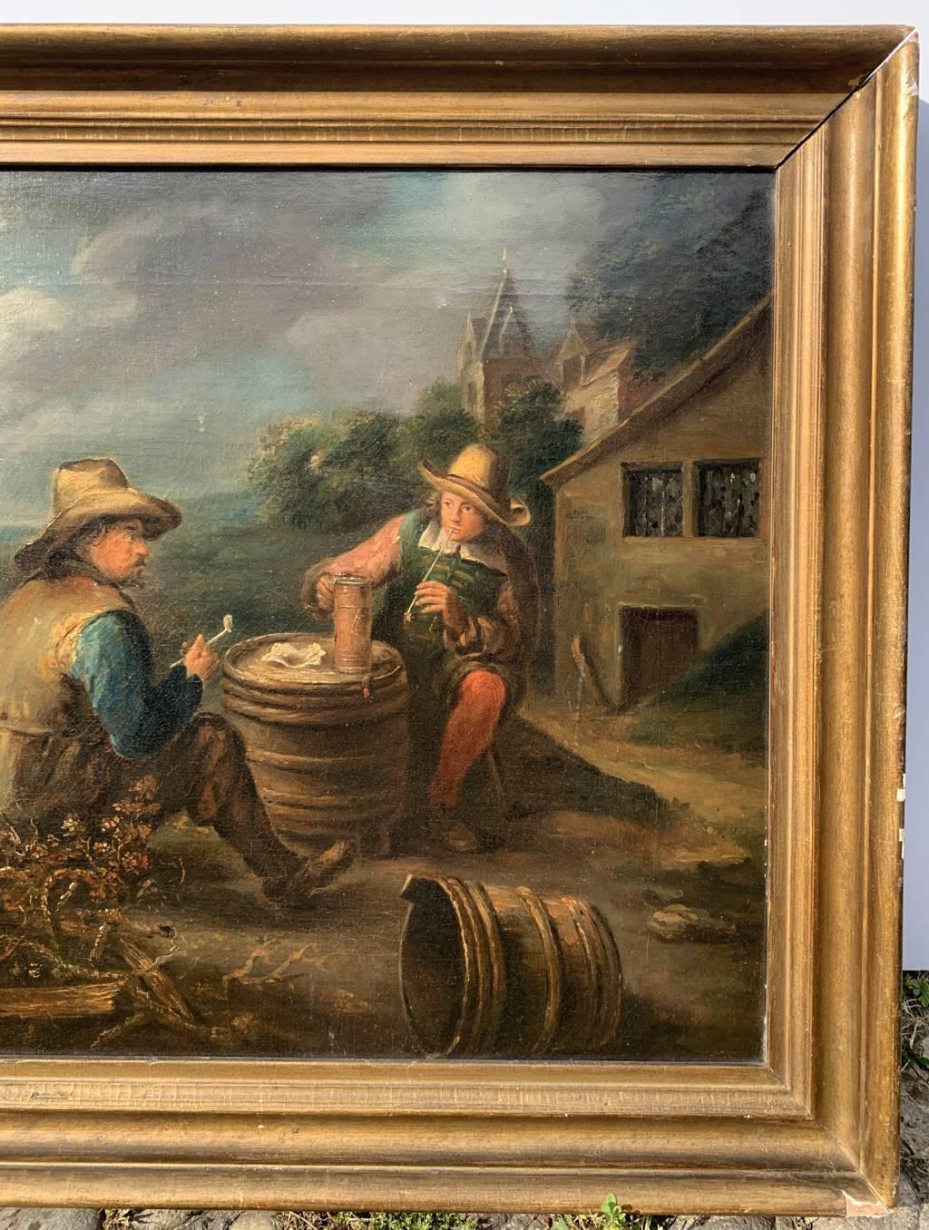 Antiker niederländischer Maler – Figurengemälde des 18. Jahrhunderts – Pfeifenraucher – Öl auf Leinwand (Alte Meister), Painting, von Unknown