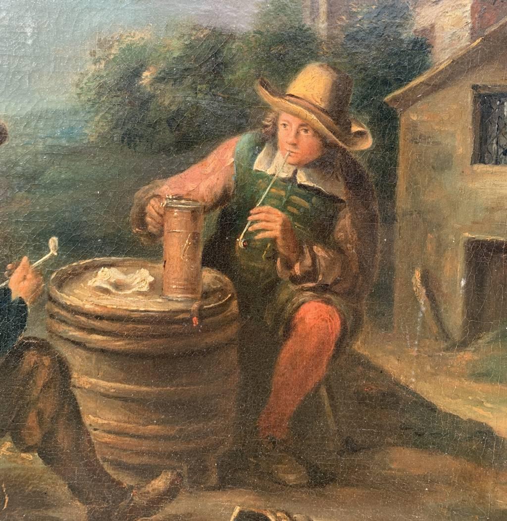 Niederländischer Maler (Ende 18. Jahrhundert) - Pfeifenraucher.

43,5 x 50,5 cm ohne Rahmen, 52 x 59 cm mit Rahmen.

Antikes Ölgemälde auf Leinwand, in einem vergoldeten Holzrahmen (einige Risse).

Zustandsbericht: Original Leinwand. Guter