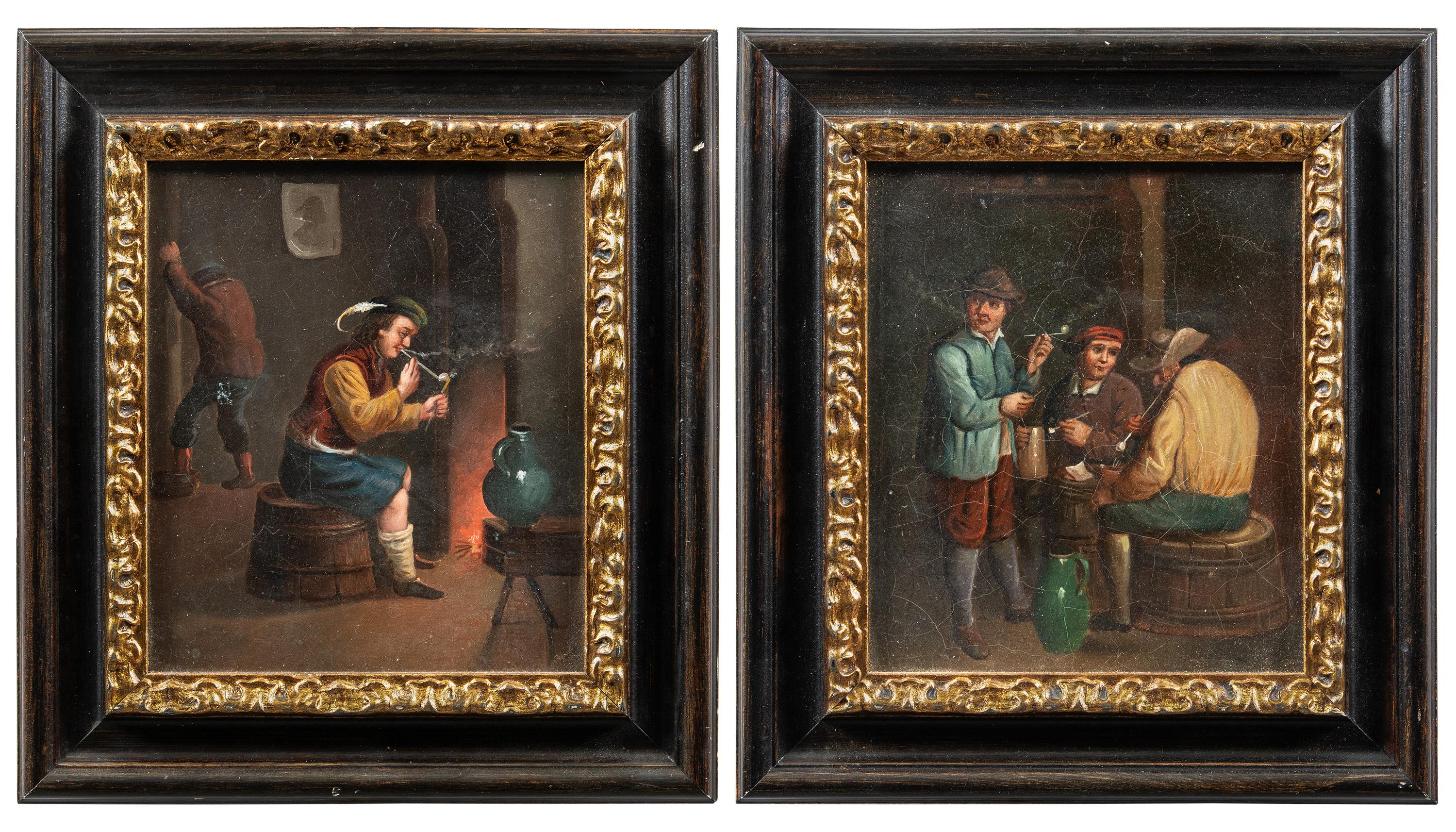 Antique Dutch painter - Pair of 19th century figure paintings - Interior Tavern 