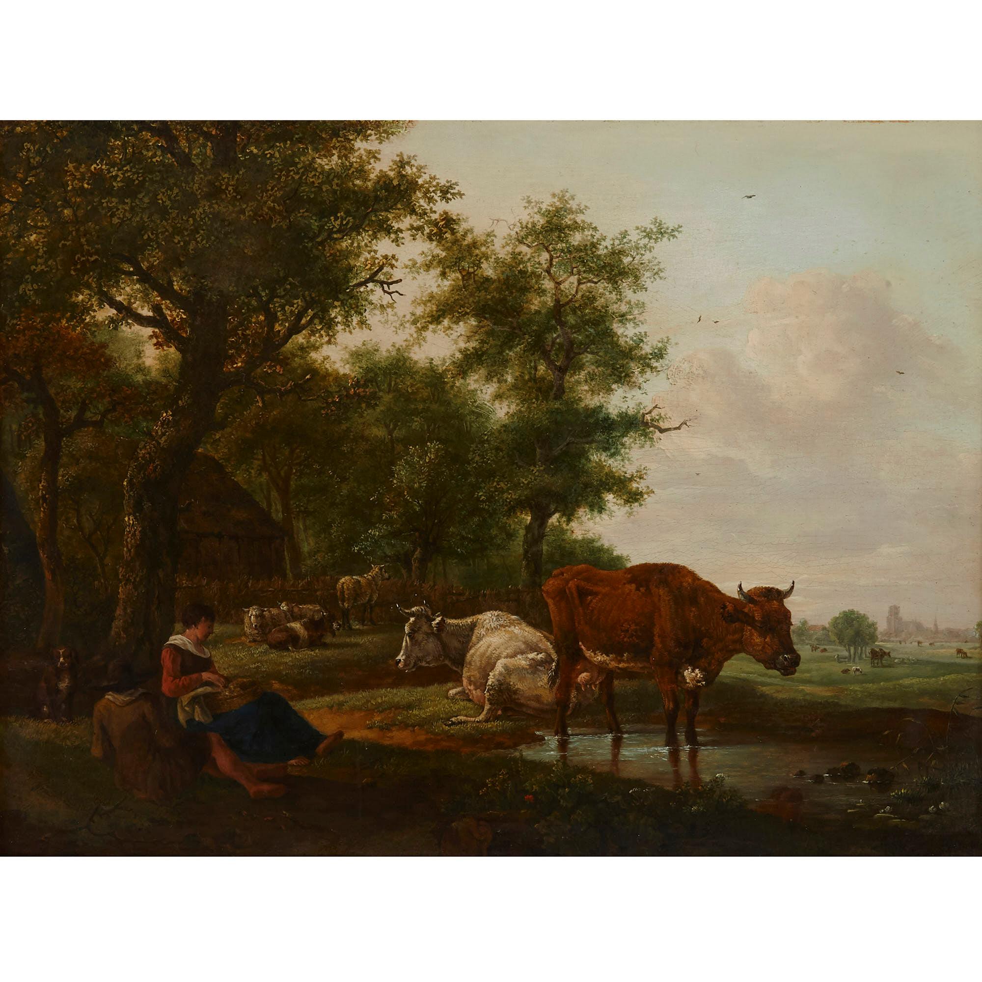 Antique Dutch painting of countryside with figures and animals - Painting by Unknown
