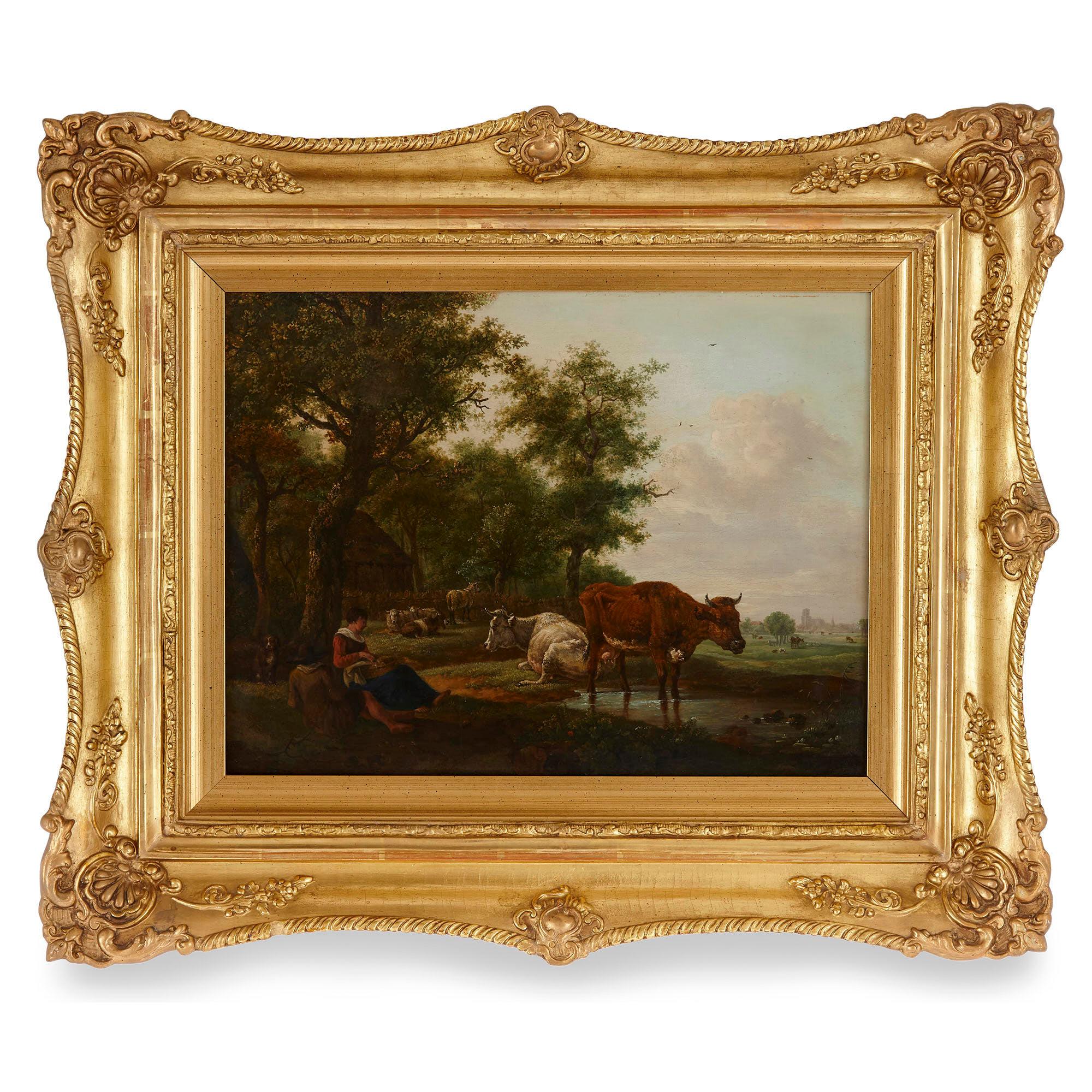 Unknown Landscape Painting - Antique Dutch painting of countryside with figures and animals