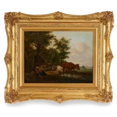 Antique Dutch painting of countryside with figures and animals