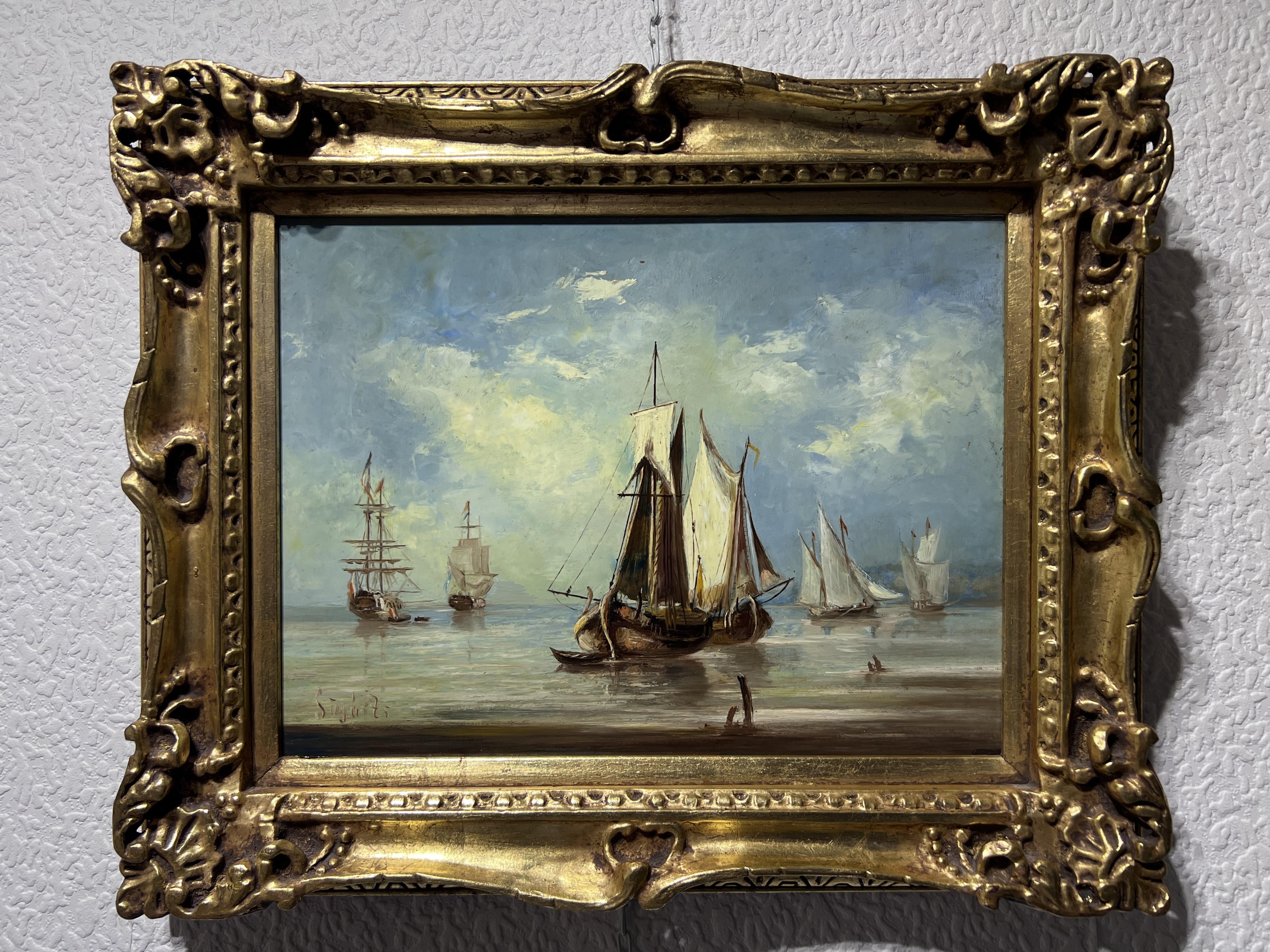 Antico dipinto a olio su tavola di scuola olandese, paesaggio marino, firmato, cornice dorata - Painting di Unknown