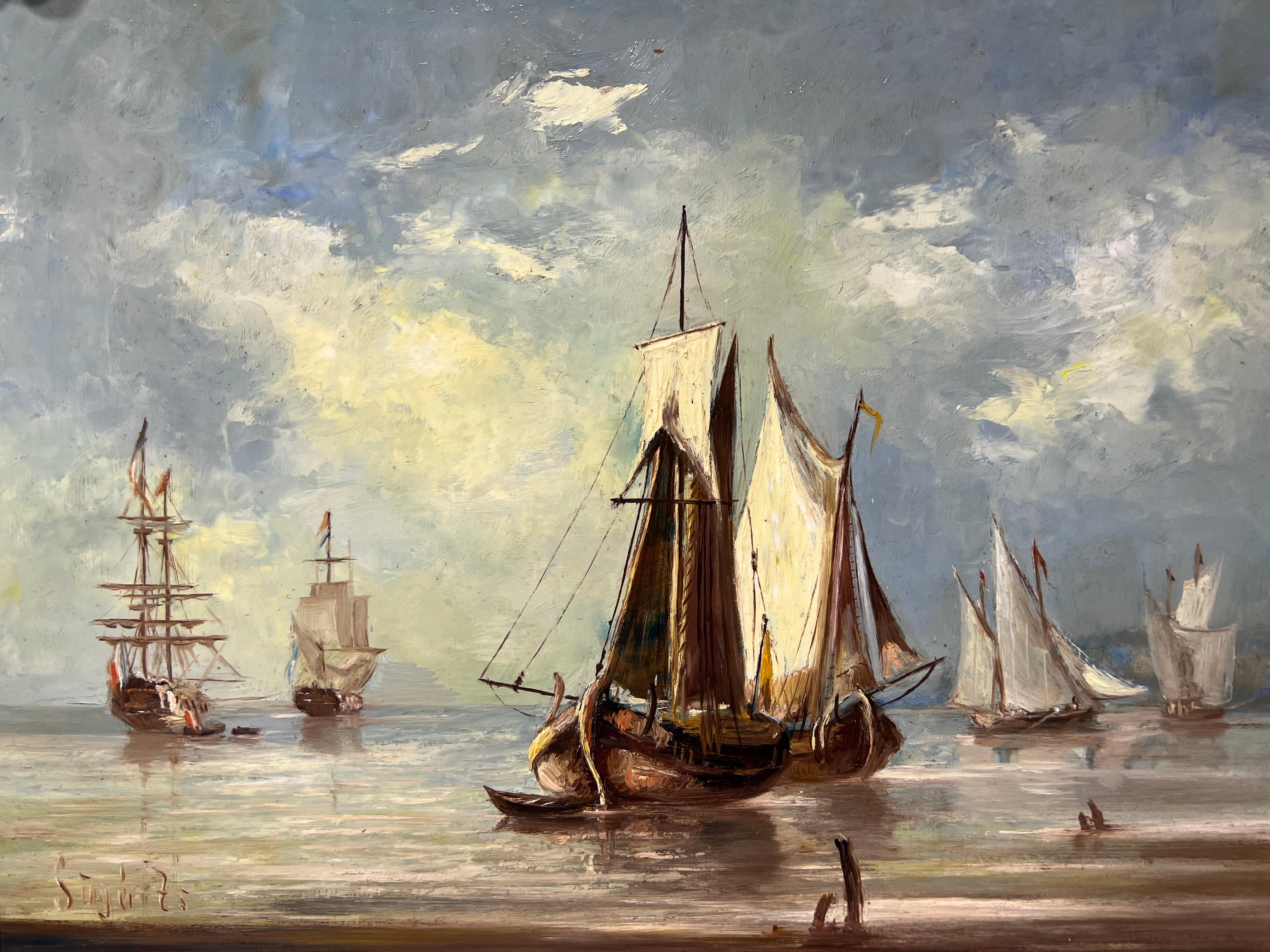 Antico dipinto a olio su tavola di scuola olandese, paesaggio marino, firmato, cornice dorata - Painting Impressionismo di Unknown