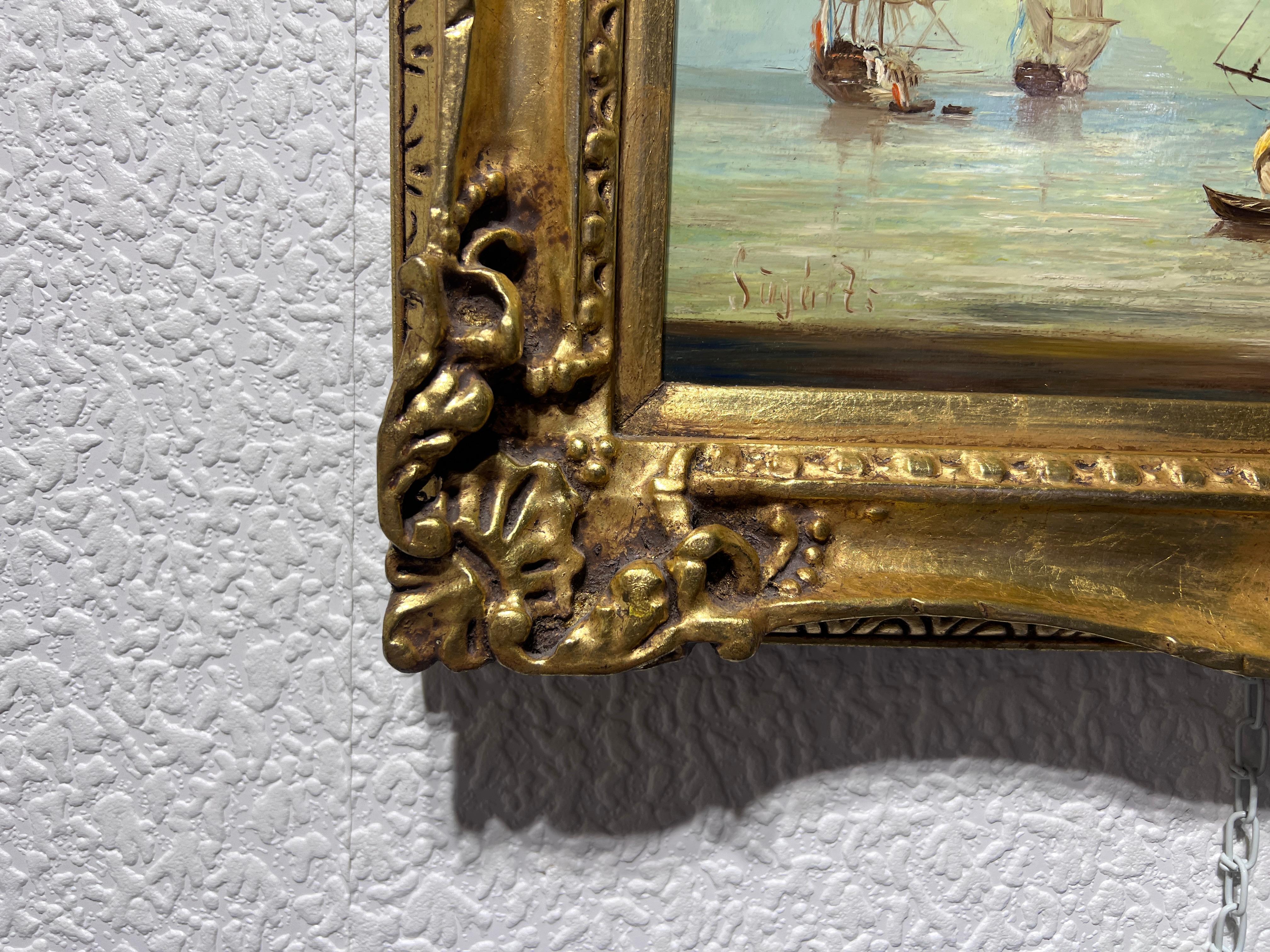 Antico dipinto a olio su tavola di scuola olandese, paesaggio marino, firmato, cornice dorata - Landscape Painting Nero di Unknown