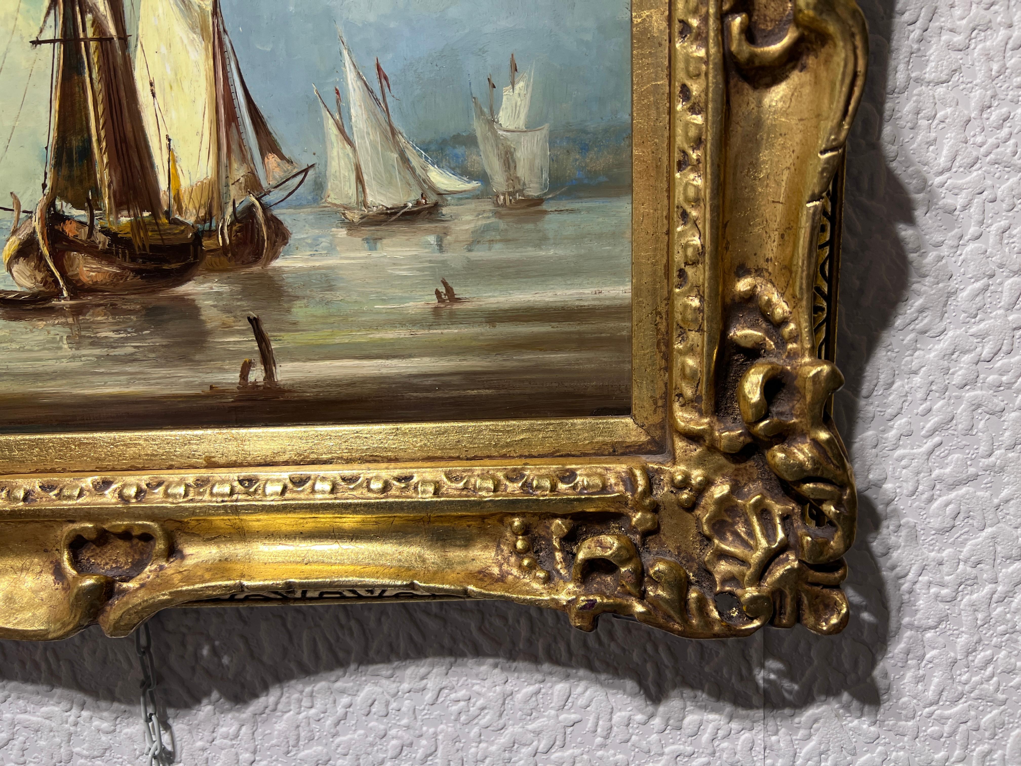 Antico dipinto a olio su tavola di scuola olandese, paesaggio marino, firmato, cornice dorata 2