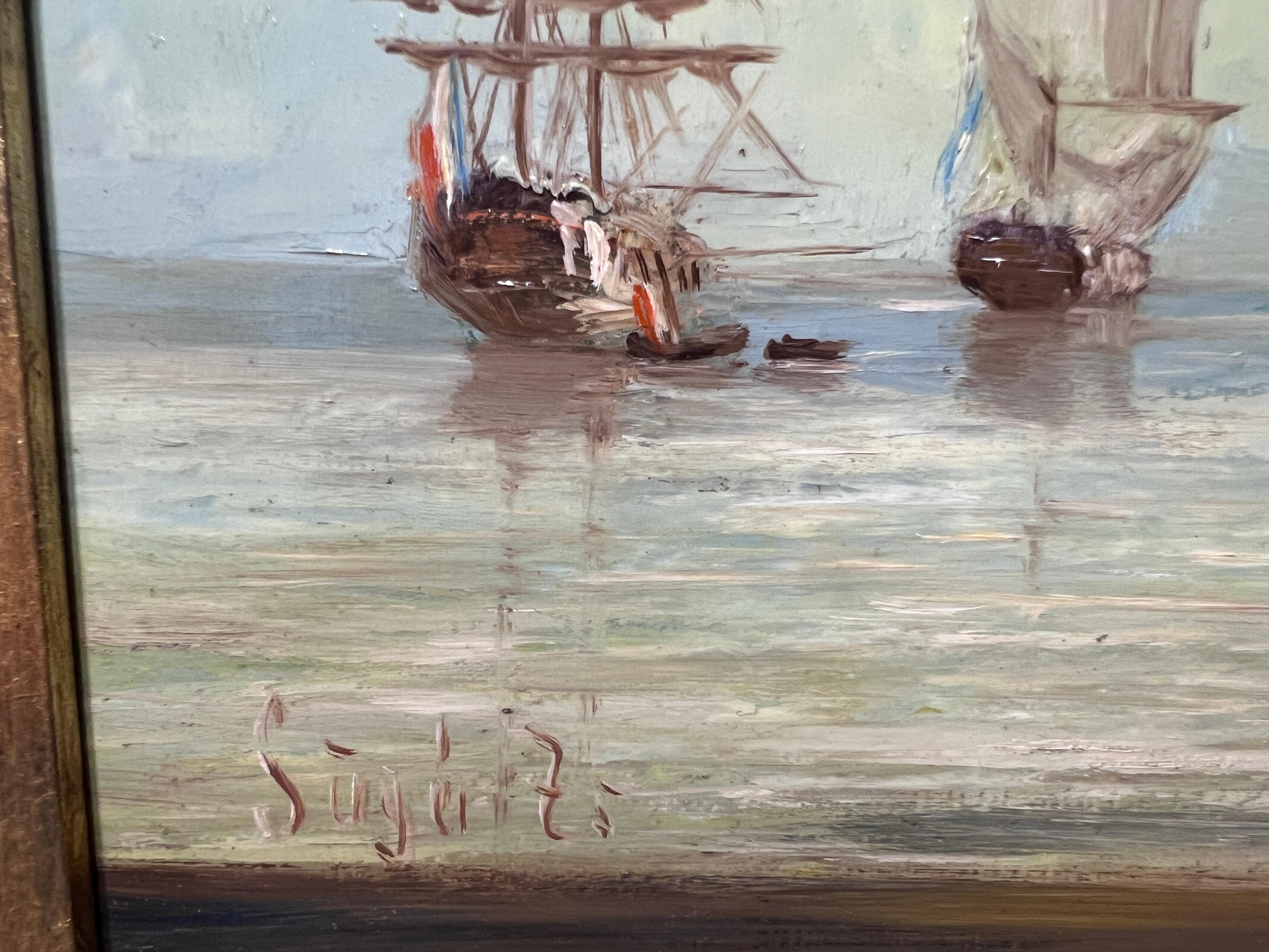 Antico dipinto a olio su tavola di scuola olandese, paesaggio marino, firmato, cornice dorata 3