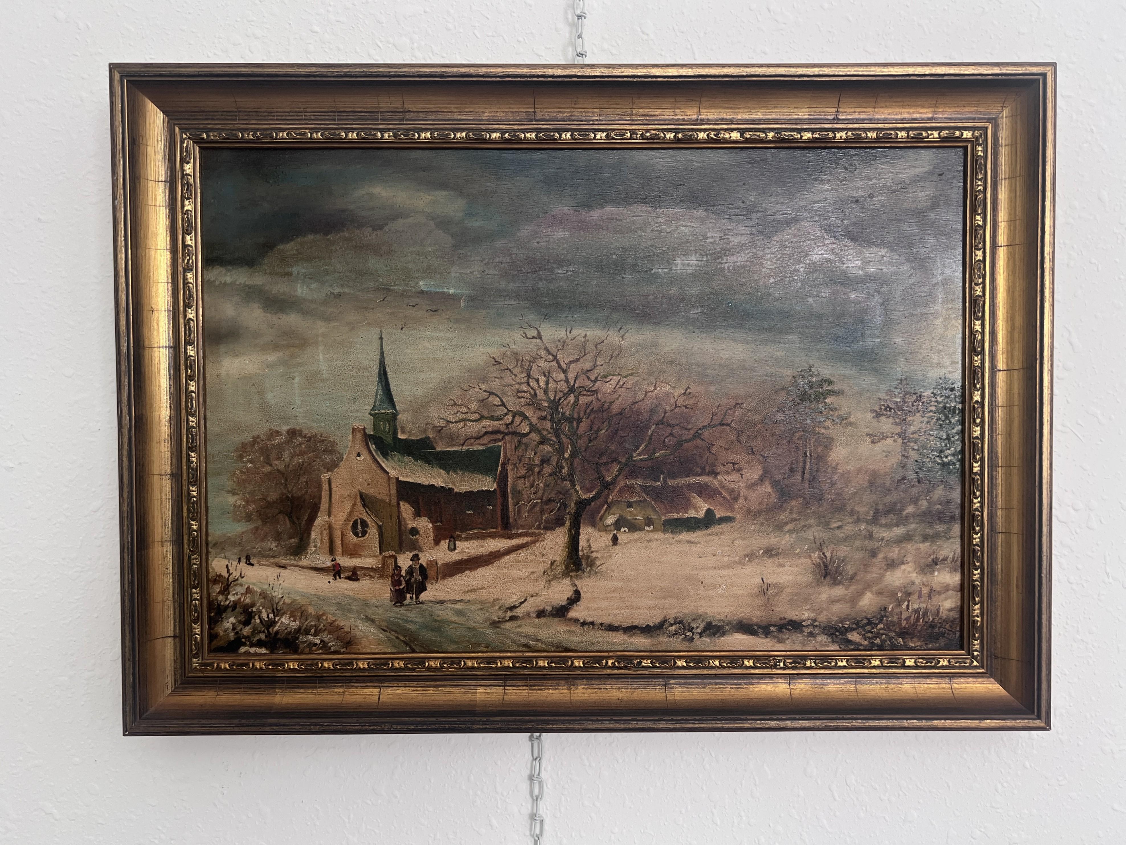 Antico dipinto a olio su tavola in stile olandese firmato - Paesaggio invernale scena di genere - Painting di Unknown