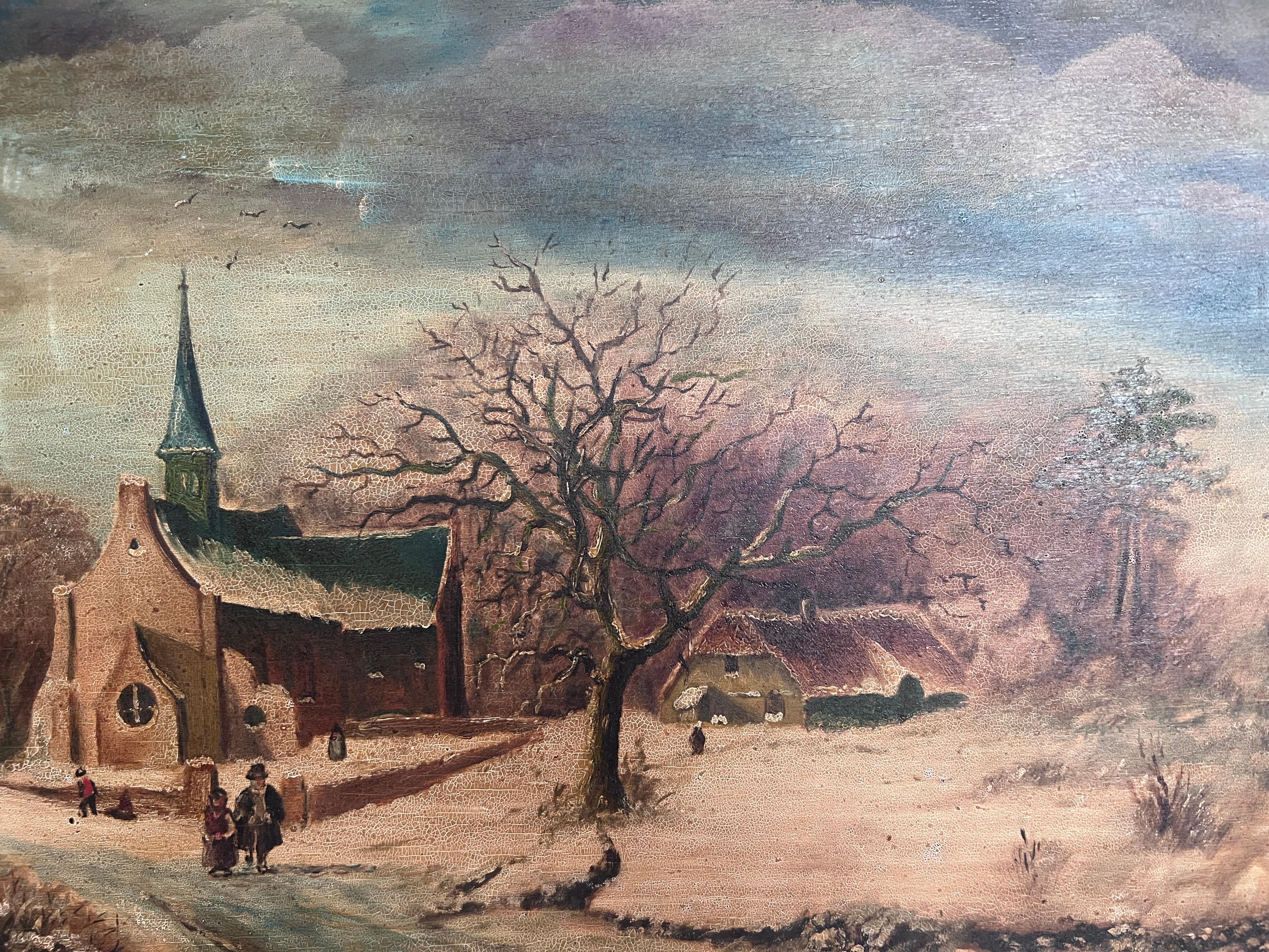 Antico dipinto a olio su tavola in stile olandese firmato - Paesaggio invernale scena di genere - Painting Scuola olandese di Unknown