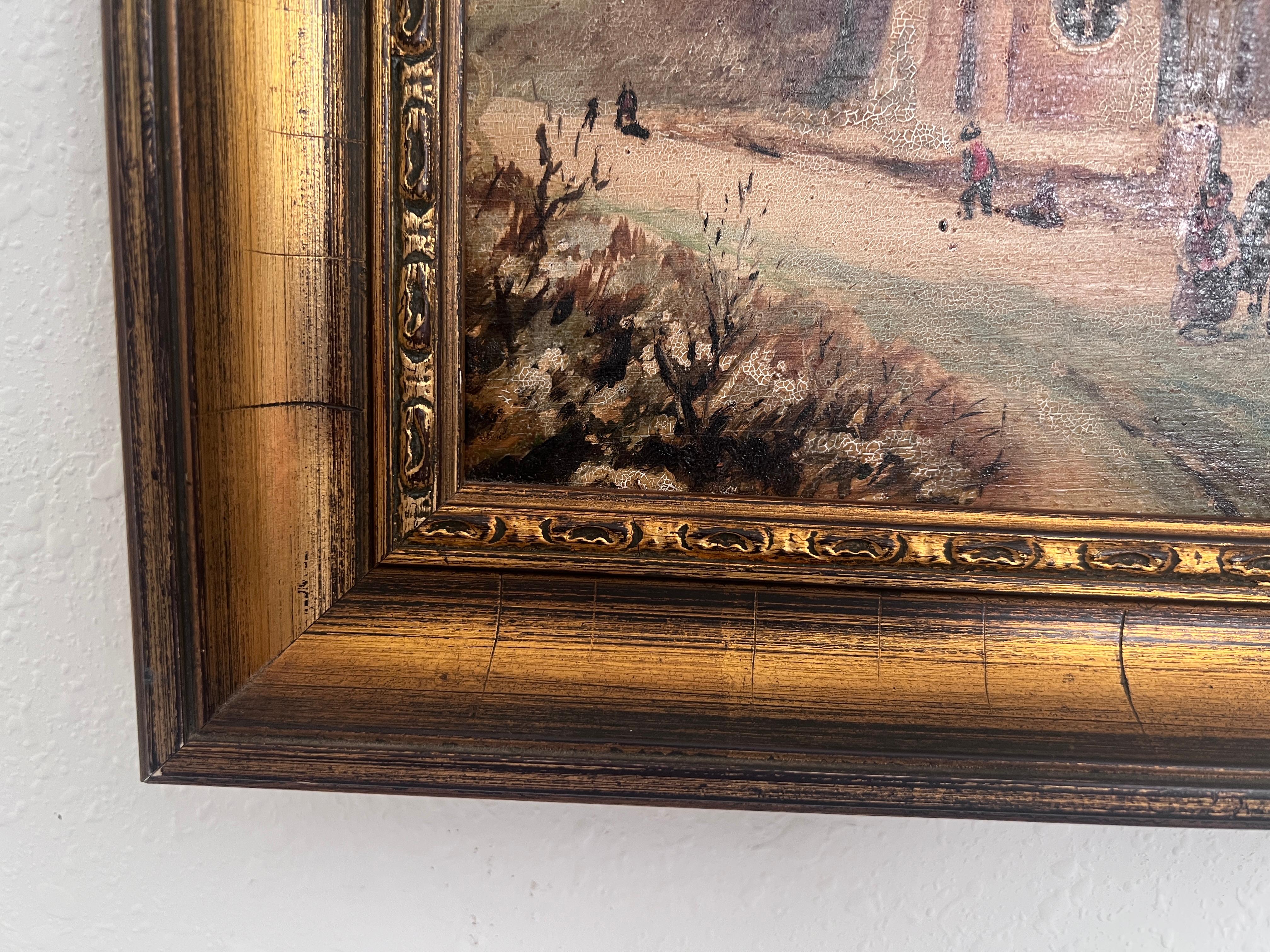 Antico dipinto a olio su tavola in stile olandese firmato - Paesaggio invernale scena di genere - Landscape Painting Grigio di Unknown