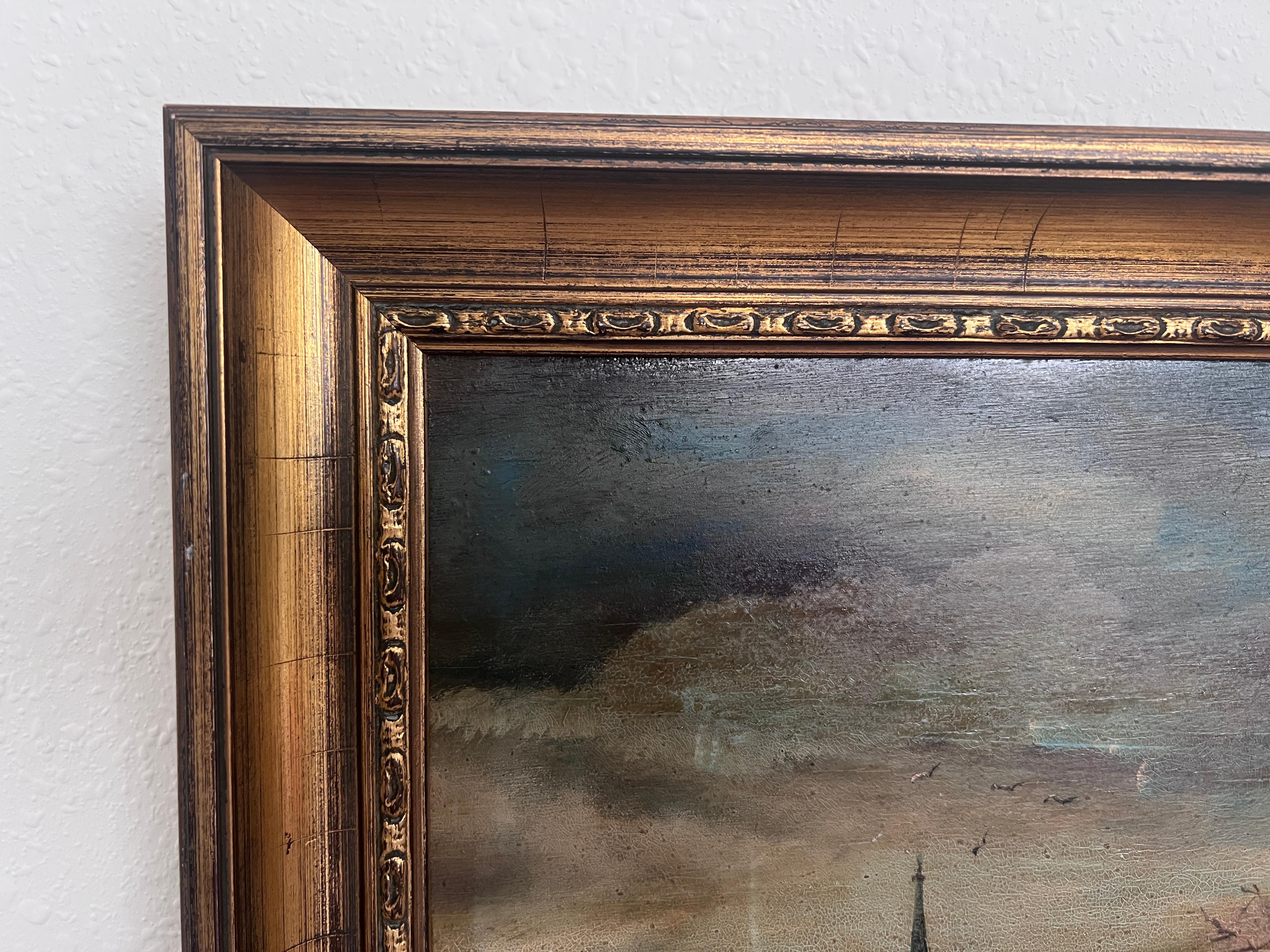 Mezzo: Olio su legno
Data: XIX-XX secolo
Stile: Romantico olandese / influenza della Scuola dell'Aia
Soggetto: Paesaggio invernale con chiesa, figure del villaggio e cottage
Cornice: Cornice originale in legno dorato
Condit: Usura dovuta all'età,