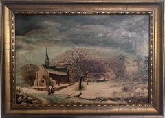 Antiguo cuadro al óleo sobre tabla firmado en estilo holandés - Paisaje invernal Escena de género