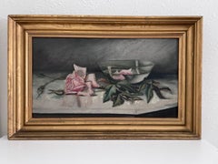 Antique Early 20th century Oil Painting Roses Still Life on Board Unsigned Frame