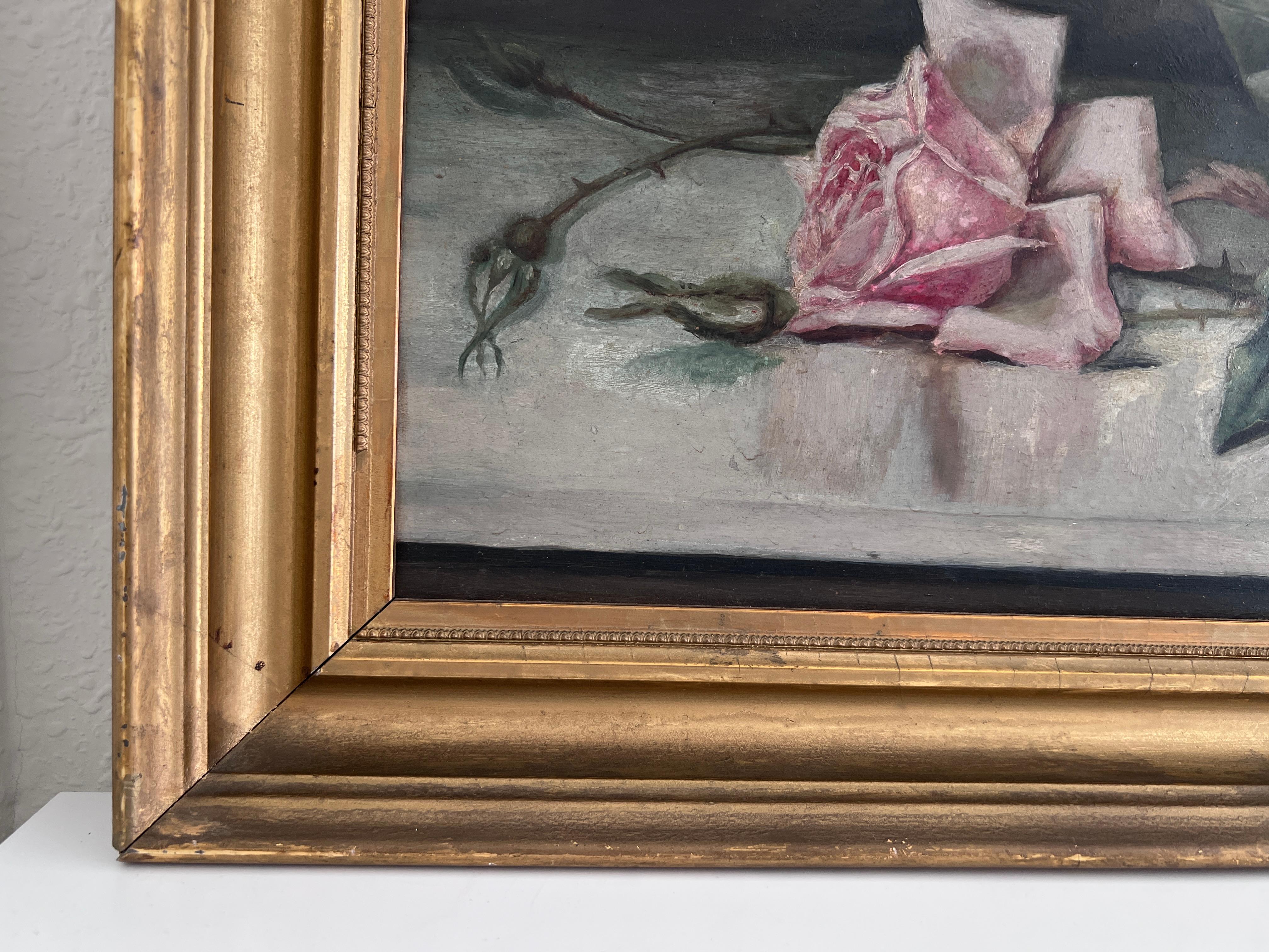 Antique Early 20th century Oil Painting Roses Still Life on Board Unsigned Frame For Sale 1