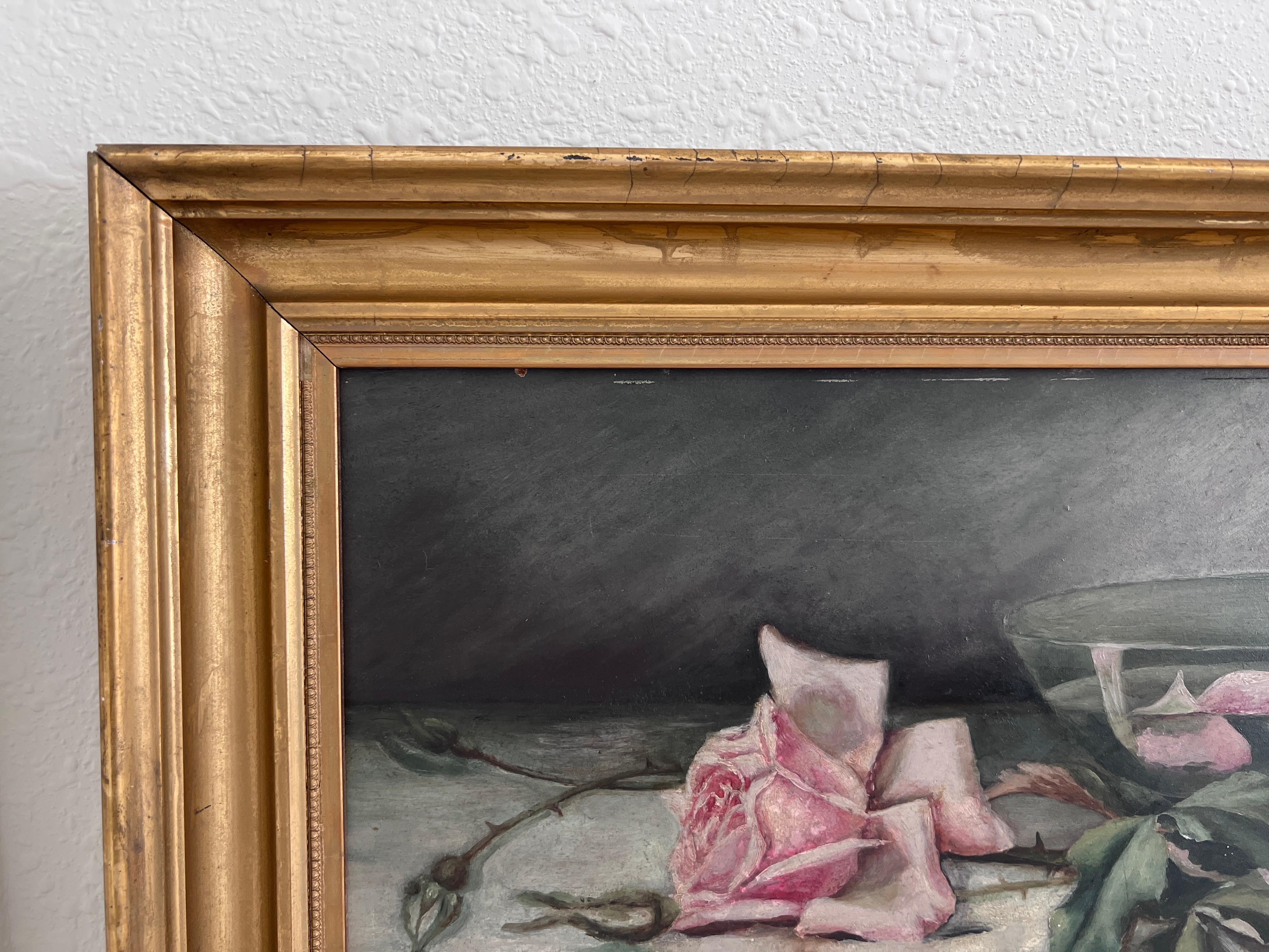Antique Early 20th century Oil Painting Roses Still Life on Board Unsigned Frame For Sale 2