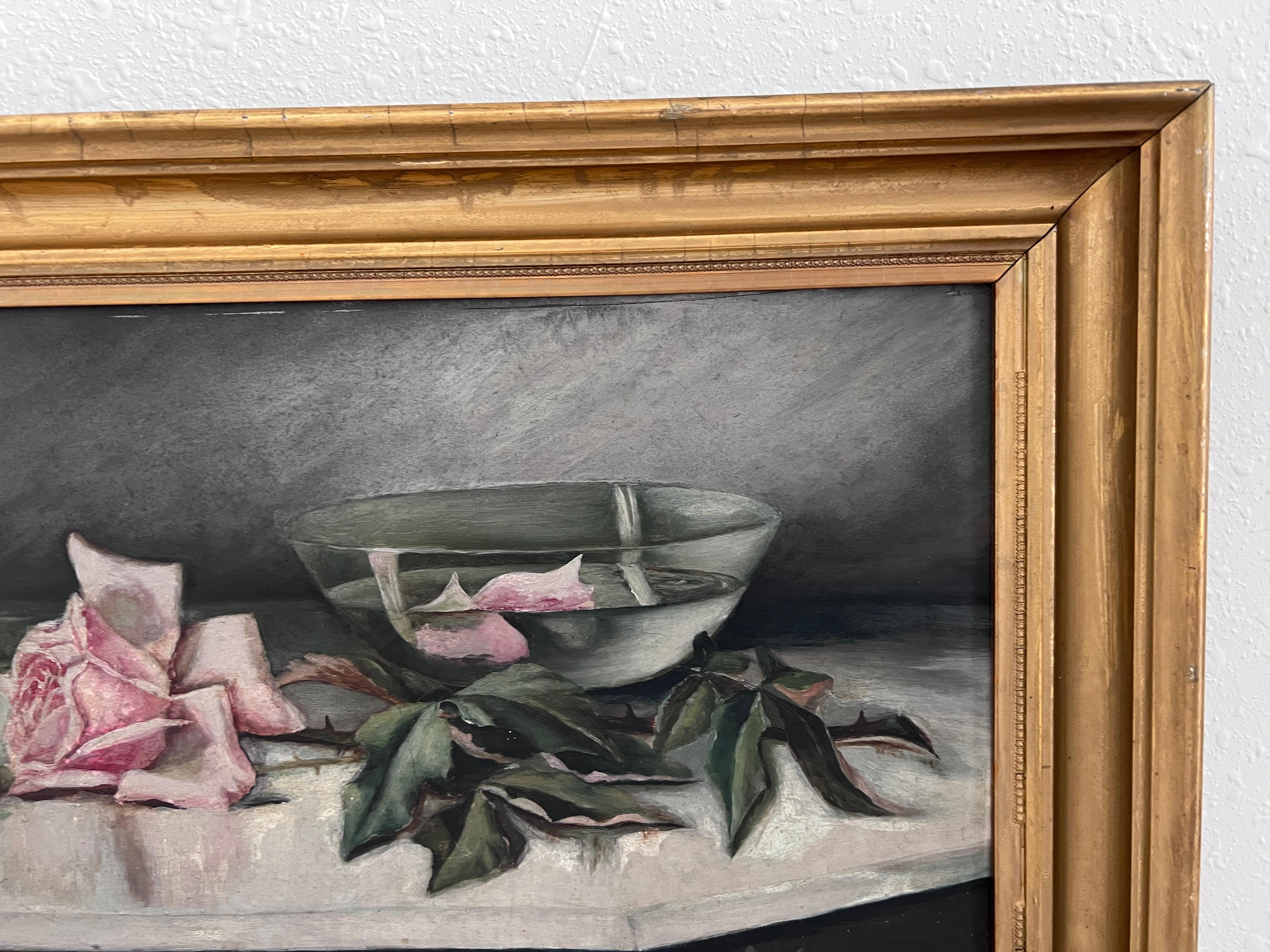 Antique Early 20th century Oil Painting Roses Still Life on Board Unsigned Frame For Sale 3