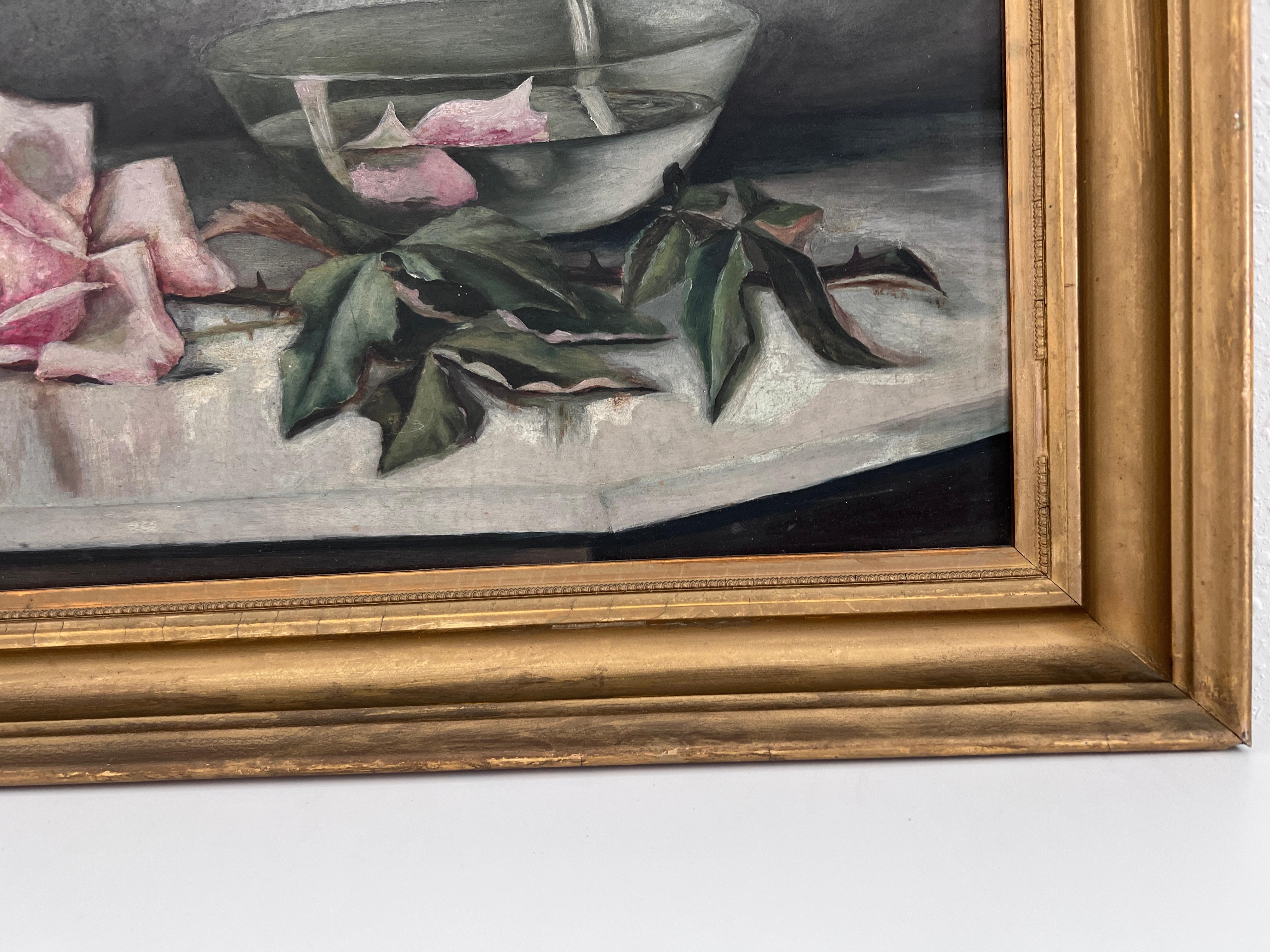Antique Early 20th century Oil Painting Roses Still Life on Board Unsigned Frame For Sale 4