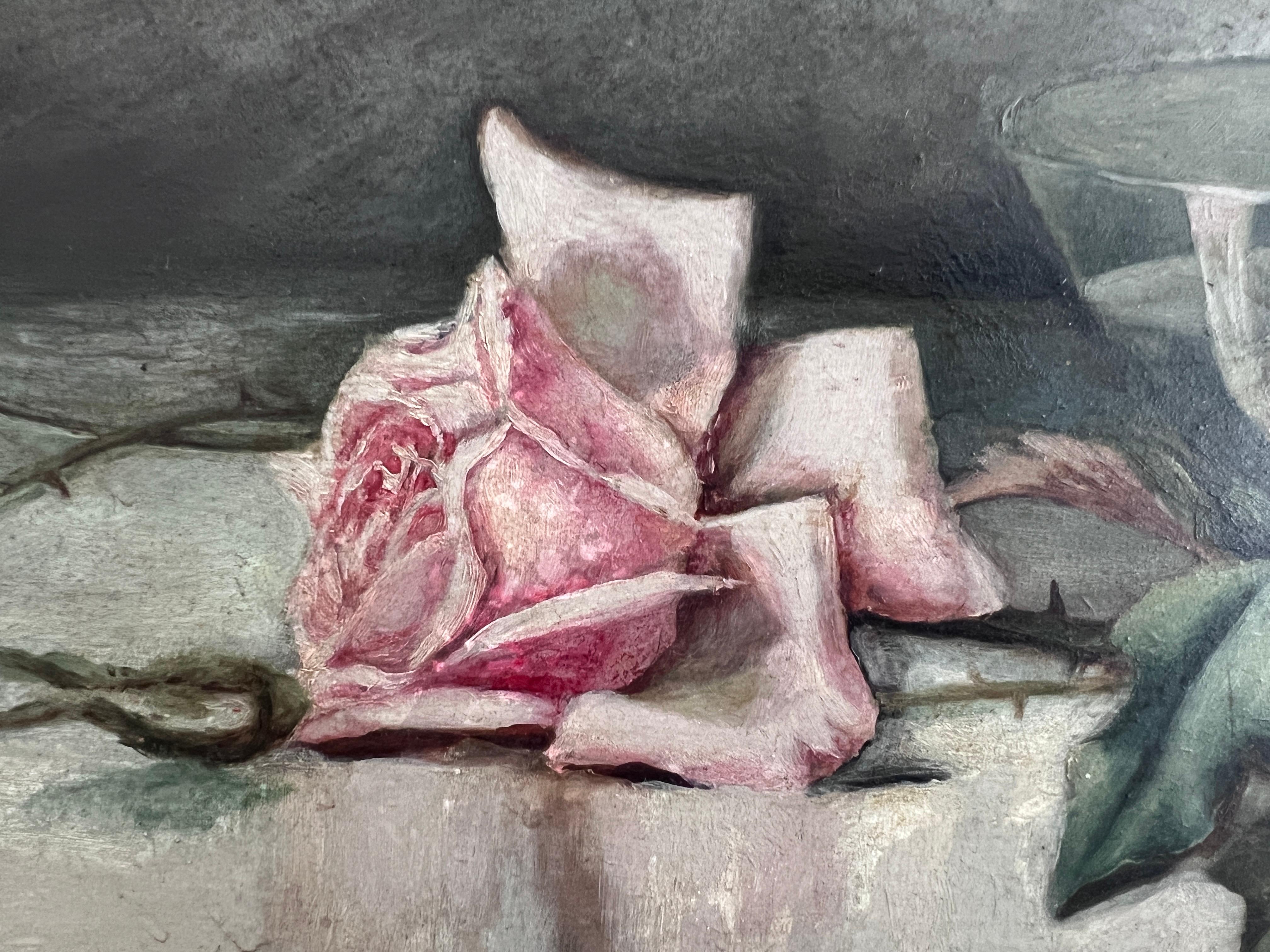Antique Early 20th century Oil Painting Roses Still Life on Board Unsigned Frame For Sale 5