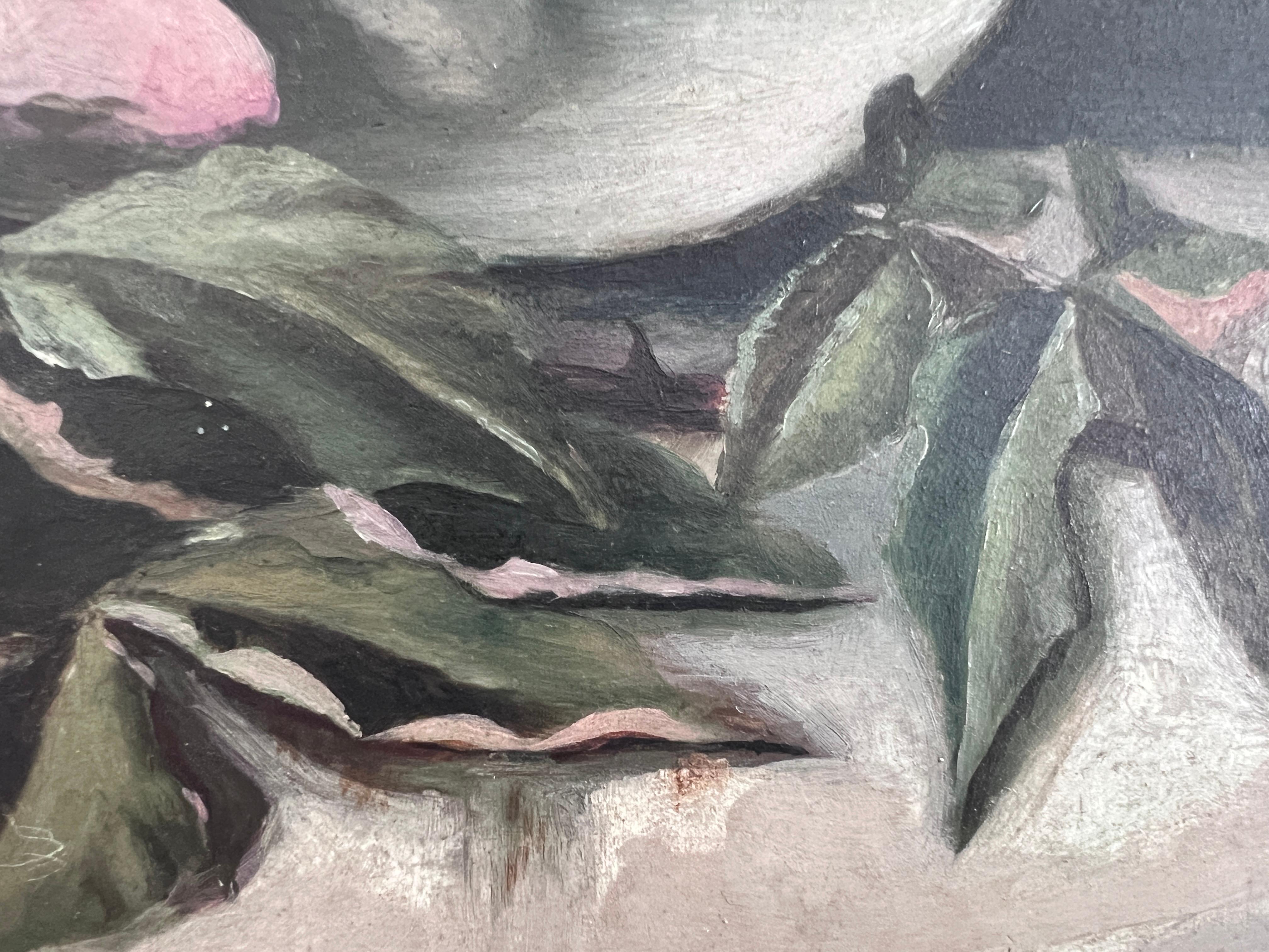 Antique Early 20th century Oil Painting Roses Still Life on Board Unsigned Frame For Sale 6