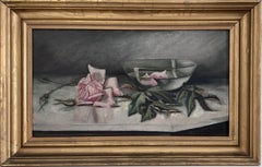 Antique Early 20th century Oil Painting Roses Still Life on Board Unsigned Frame