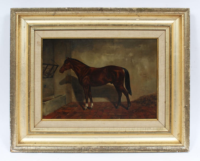 Antique Early American 19th Century Horse Portrait Barn Signed Oil Painting - Brown Landscape Painting by Unknown