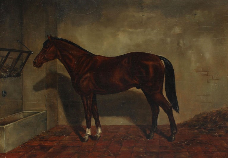 Antique American school barn interior portrait painting of a horse.  Oil on board, circa 1900. Signed in monogram.  Displayed in a giltwood frame.  Image, 16