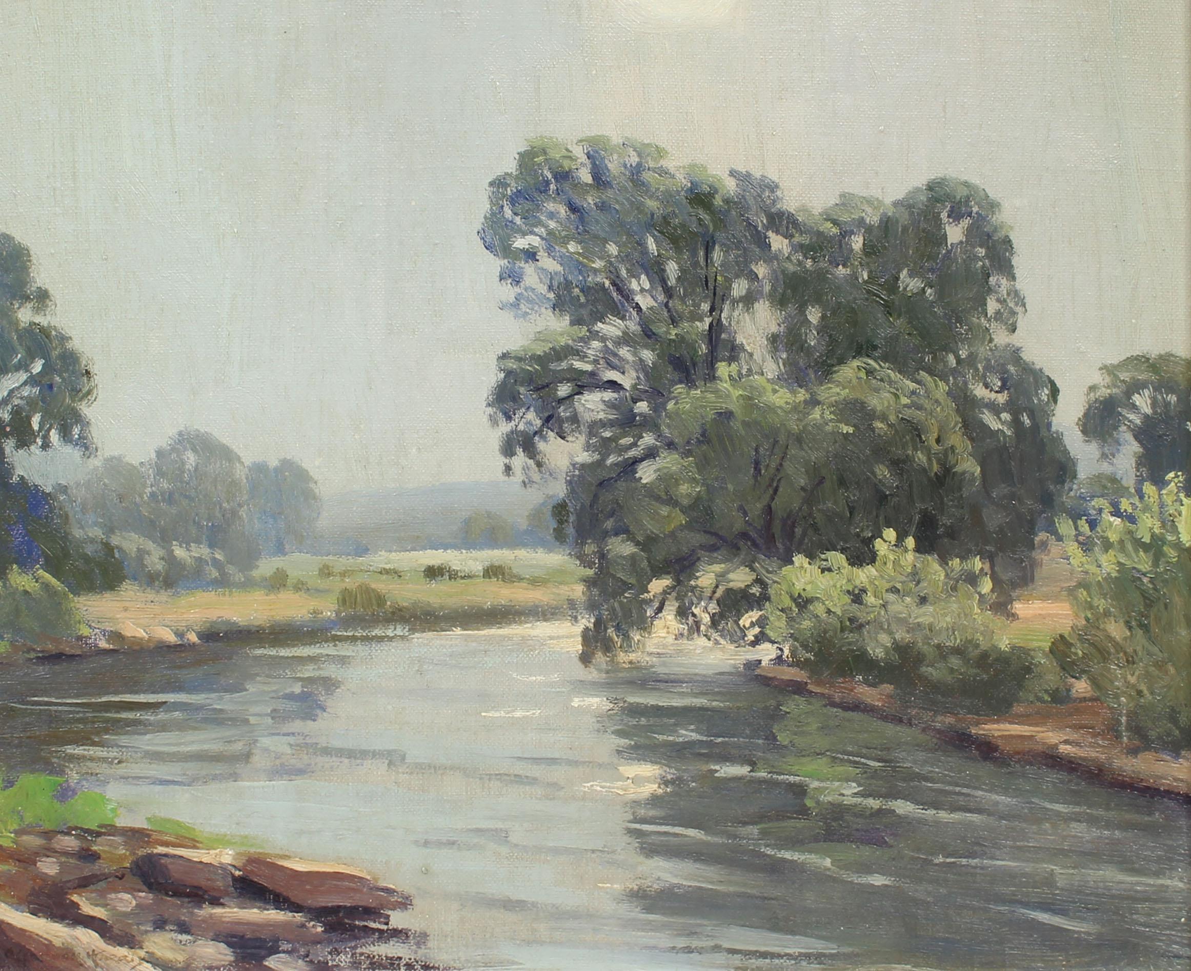 Antique Early American Luminous Connecticut River Summer Original Oil Painting - Gray Landscape Painting by Unknown