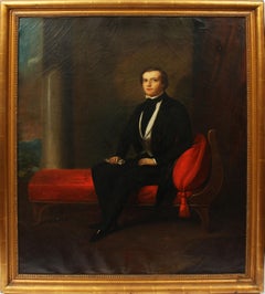 Antique Early American School Classic Interior Male Portrait Large Oil Painting