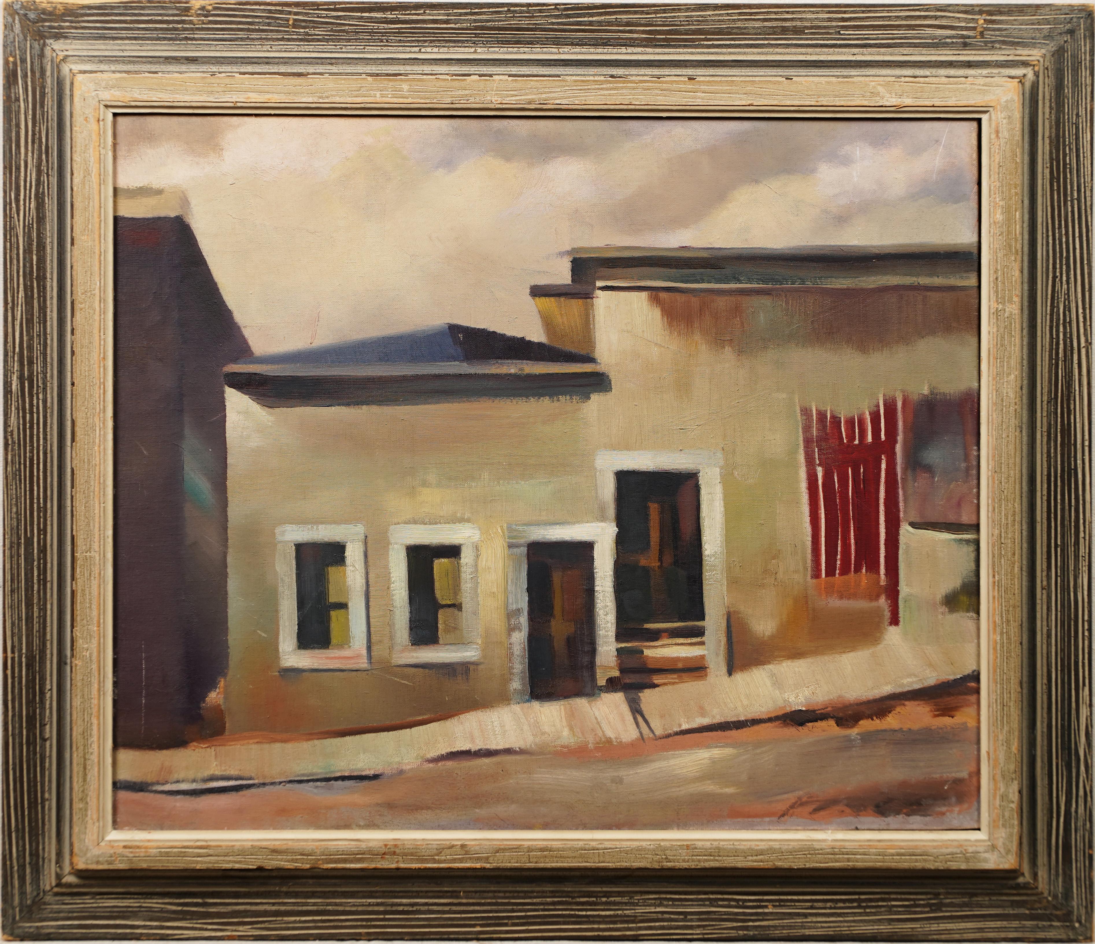 Antique Early American School Modernist Framed Original Street Scene  Painting - Brown Abstract Painting by Unknown