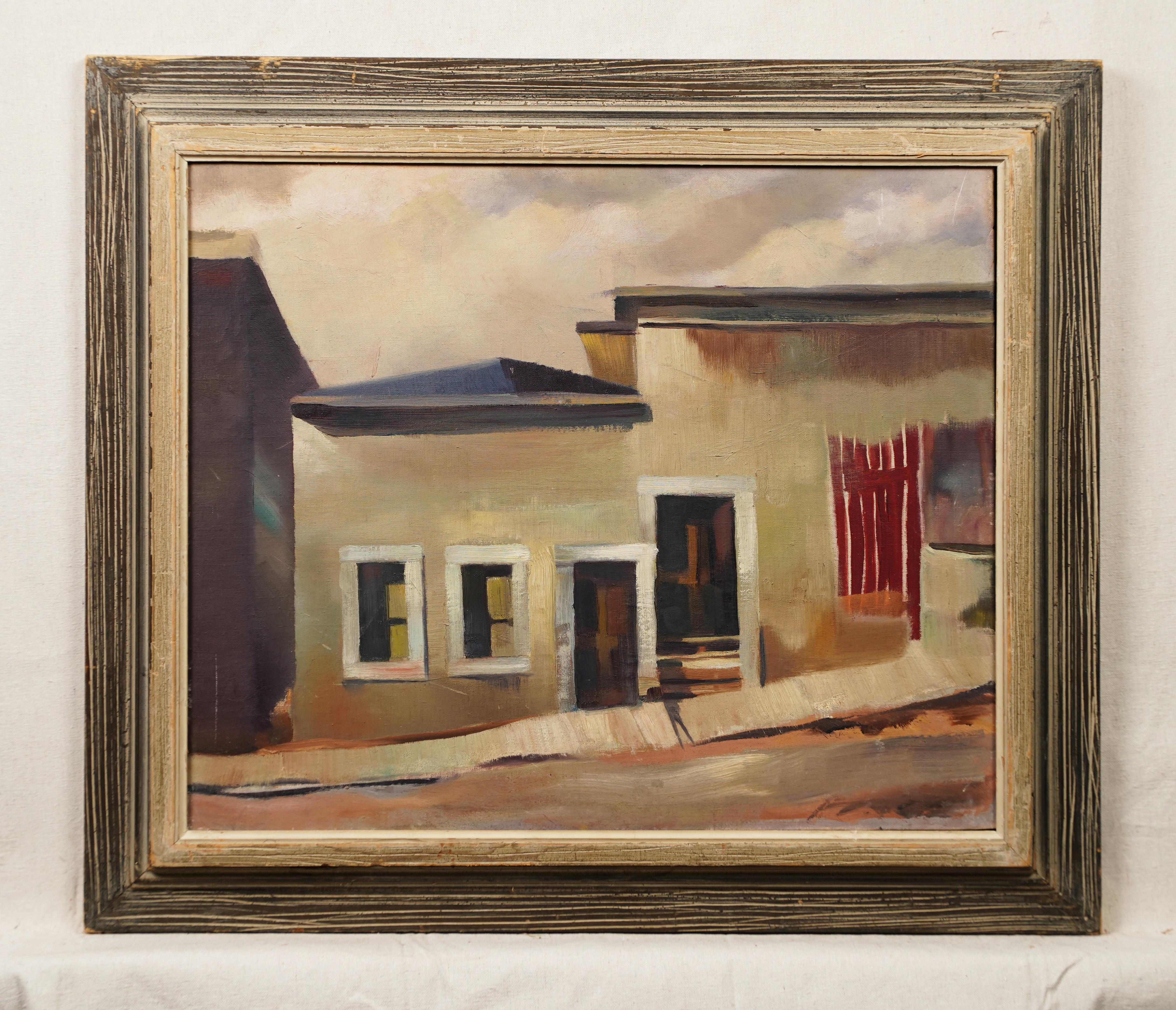 Antique American modernist street scene oil painting.  Oil on board.  Framed. 