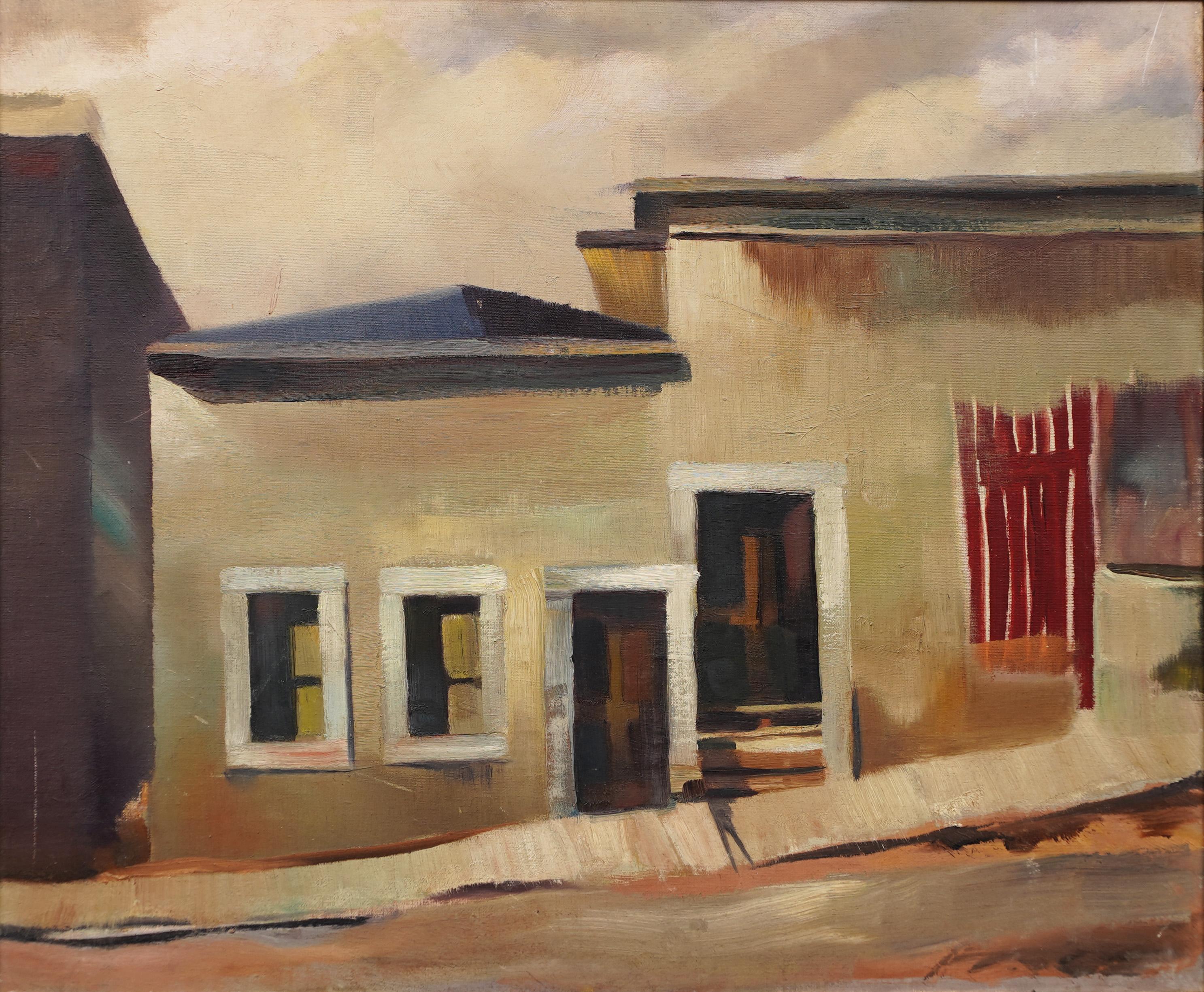 Ancienne scène de rue d'origine encadrée de l'école américaine du début de l'ère moderniste  Peinture - Marron Abstract Painting par Unknown