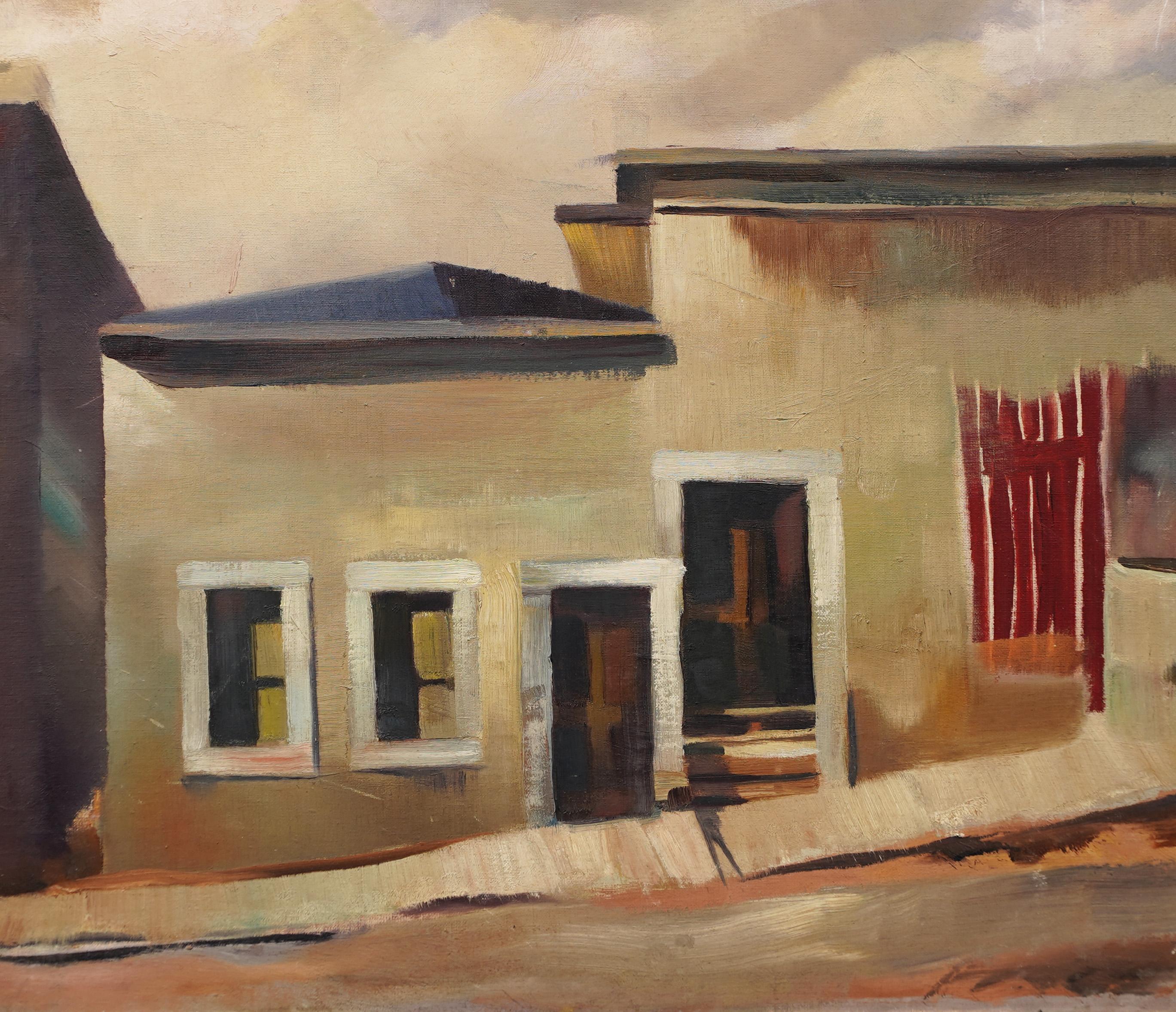 Ancienne peinture à l'huile moderniste américaine représentant une scène de rue.  Huile sur planche.  Encadré. 