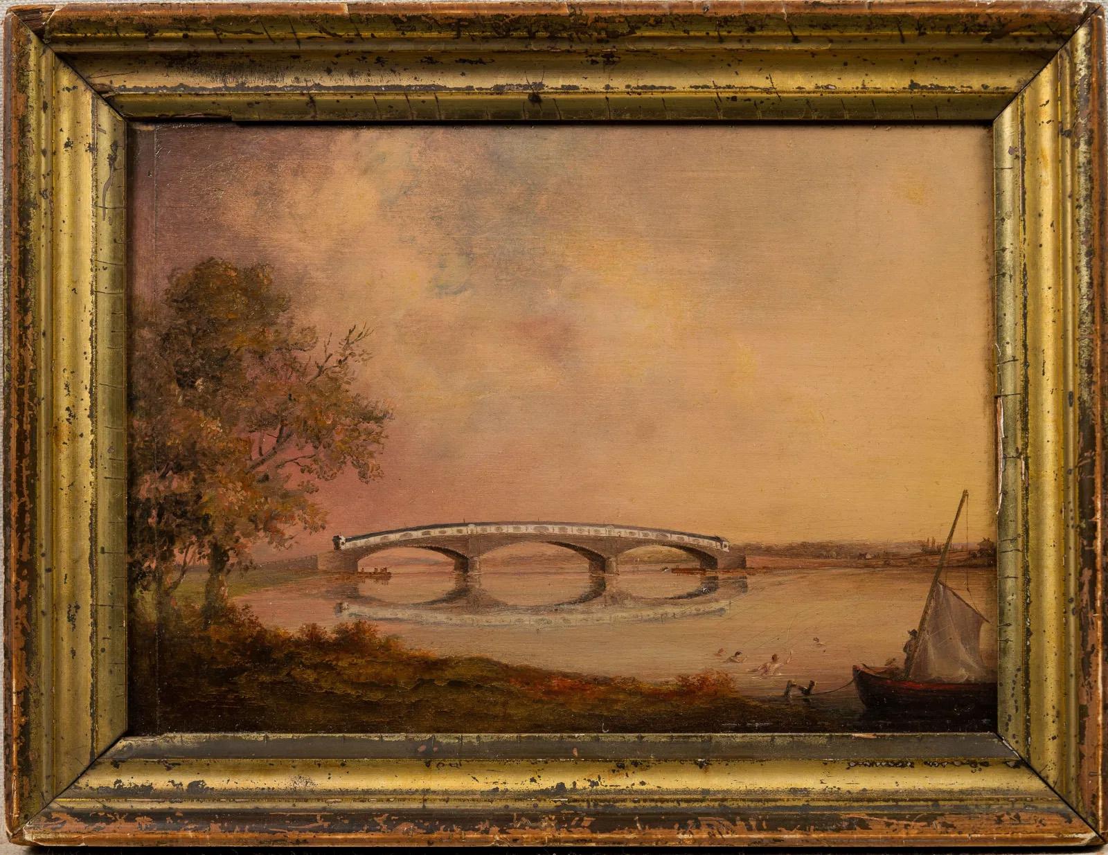 Antico dipinto ad olio dei primi anni dell'America meridionale della Scuola del fiume Hudson: ragazzi che nuotano - Painting di Unknown