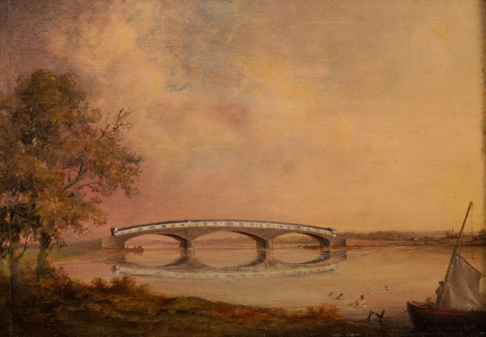 Antico dipinto ad olio dei primi anni dell'America meridionale della Scuola del fiume Hudson: ragazzi che nuotano - Painting Hudson River School di Unknown