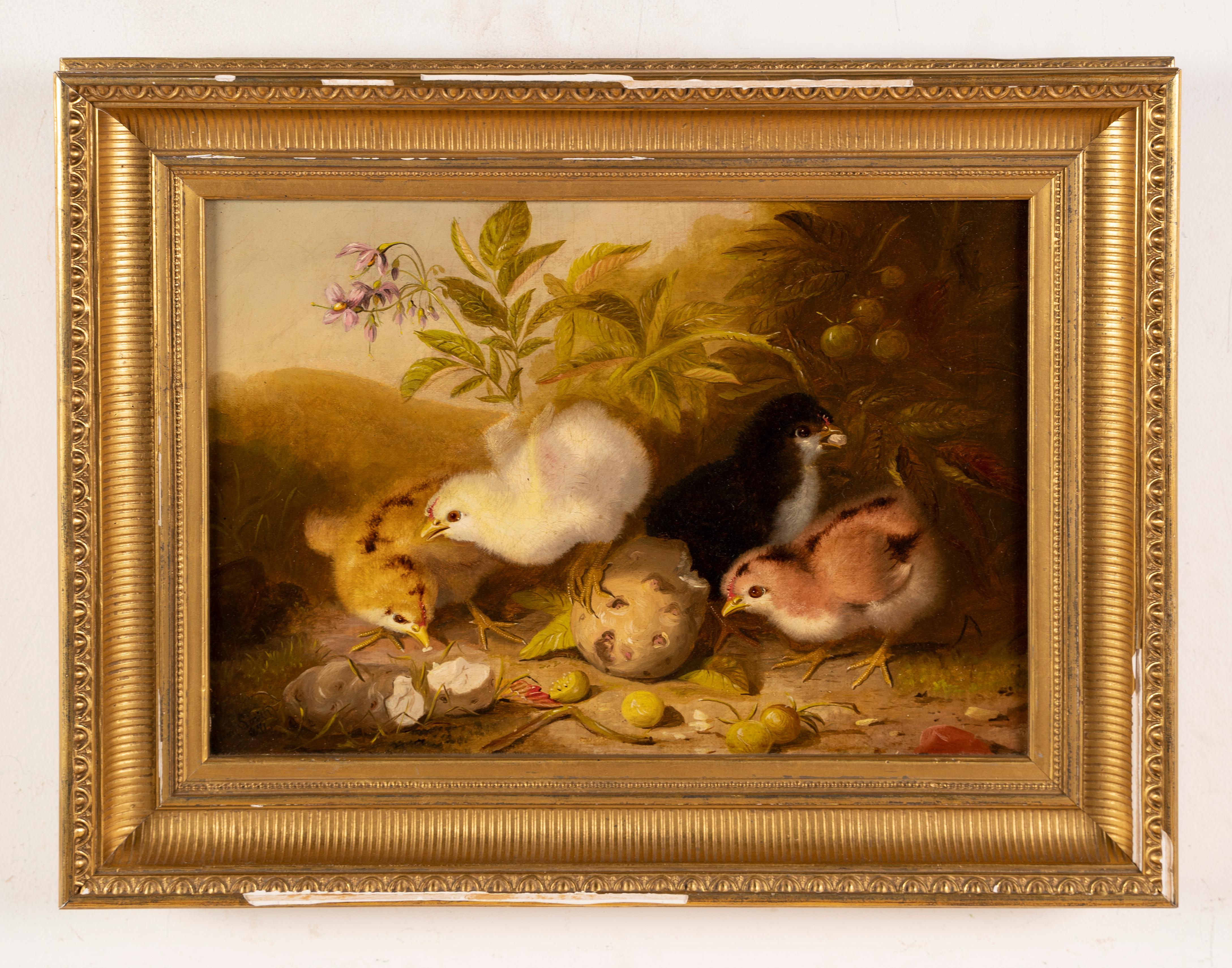 Antikes antikes signiertes Gemälde „Baby Chicks“, frühe amerikanische Künstlerin, Tierporträt – Painting von Mary Russell Smith 