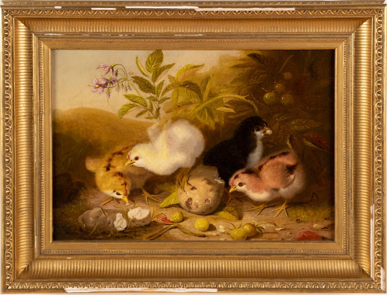 Antique American painting of chicks by Mary Russell Smith (1842 - 1878).  Oil on canvas, circa 1860.  Signed.  Image size 14L x 20H.  Housed in a giltwood frame.