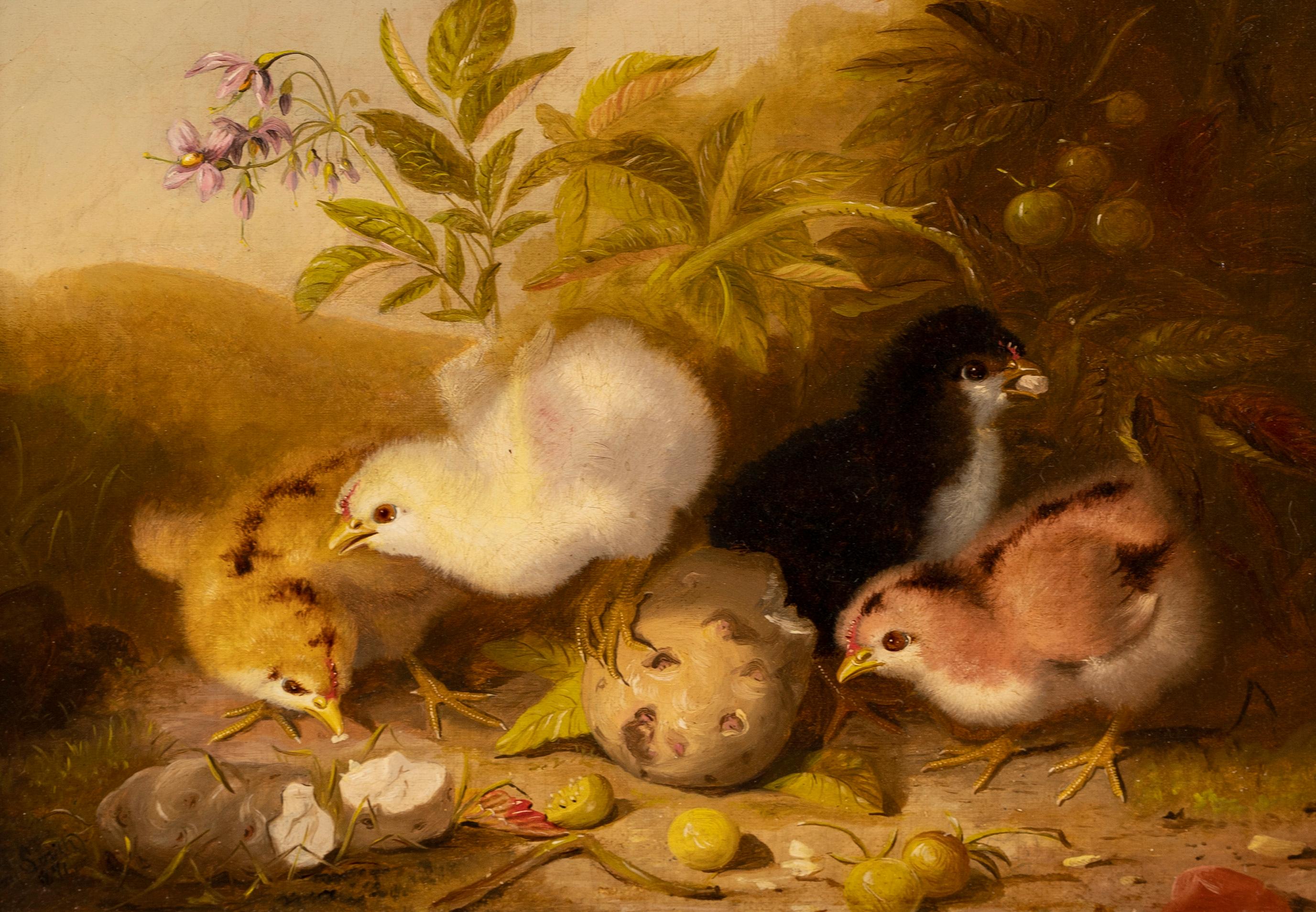 Antikes antikes signiertes Gemälde „Baby Chicks“, frühe amerikanische Künstlerin, Tierporträt (Braun), Animal Painting, von Mary Russell Smith 
