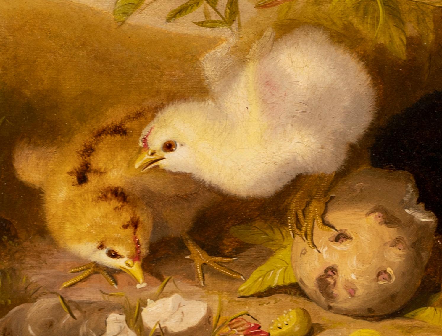 Antique American painting of chicks by Mary Russell Smith (1842 - 1878).  Oil on canvas, circa 1860.  Signed.  Image size 14L x 20H.  Housed in a giltwood frame.