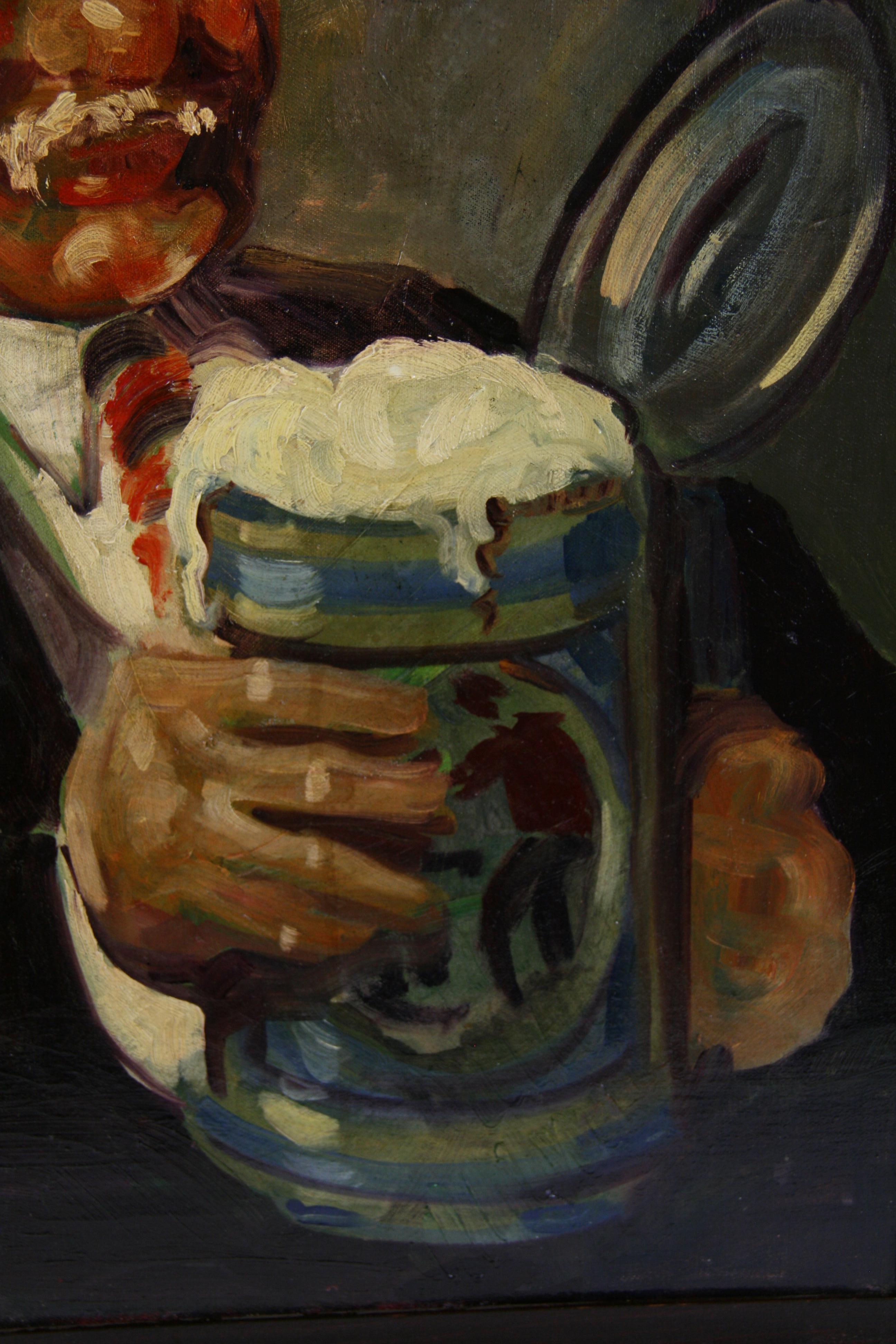 Inglese antico  Bevitori di birra  Scena d'interno di un pub figurativo Olio  Pittura 1940 in vendita 2