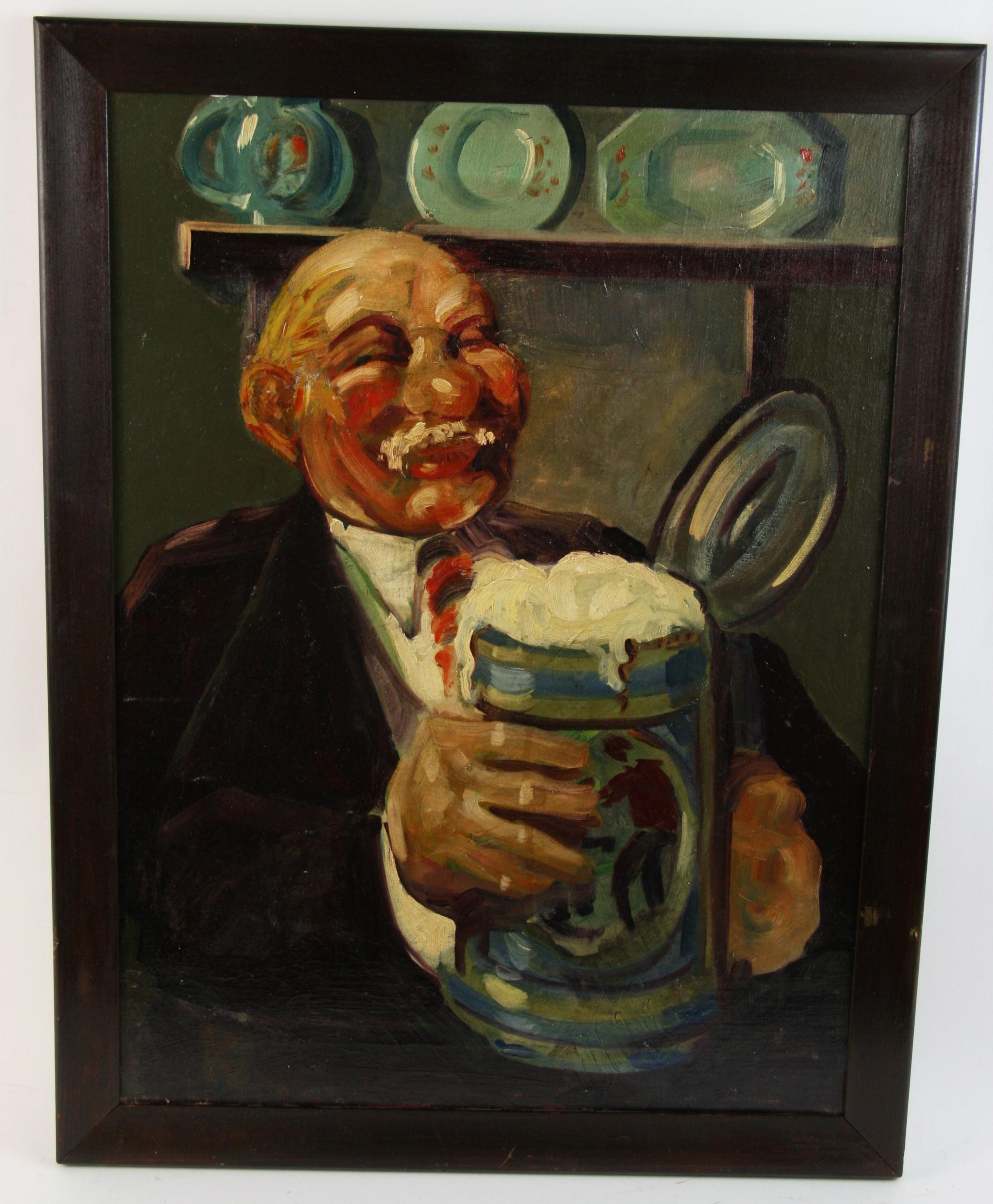 Unknown Figurative Painting - Antique English  Beer Drinker  Figurative Pub Interior Scene Oil  Painting 1940