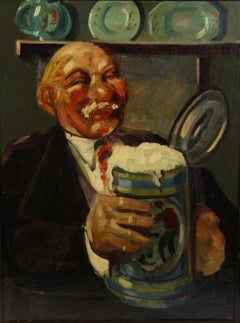 Antique English Beer Drinker Oil Painting, Figurative Pub Scene, 1940