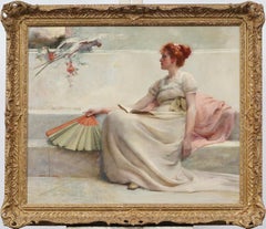 Antique English Classical Portrait with Parrot Framed Original Oil Painting